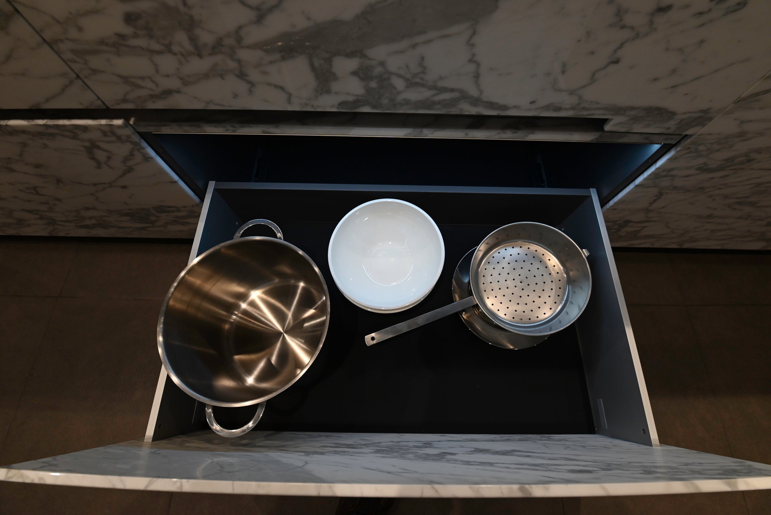 eggersmann Chablis Vintage Oak & Steel Grey Modern Kitchen with Arabescato Waterfall Island and Miele Appliance Suite