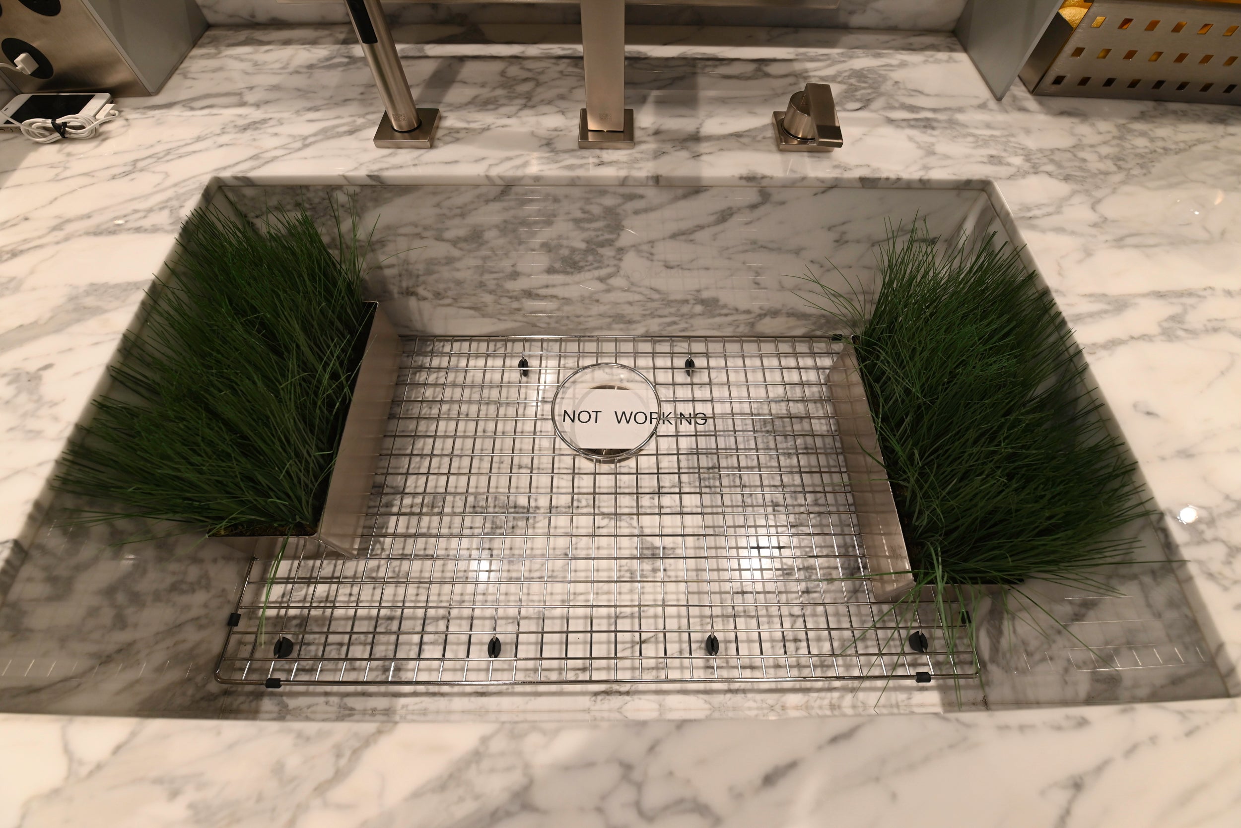 eggersmann Chablis Vintage Oak & Steel Grey Modern Kitchen with Arabescato Waterfall Island and Miele Appliance Suite