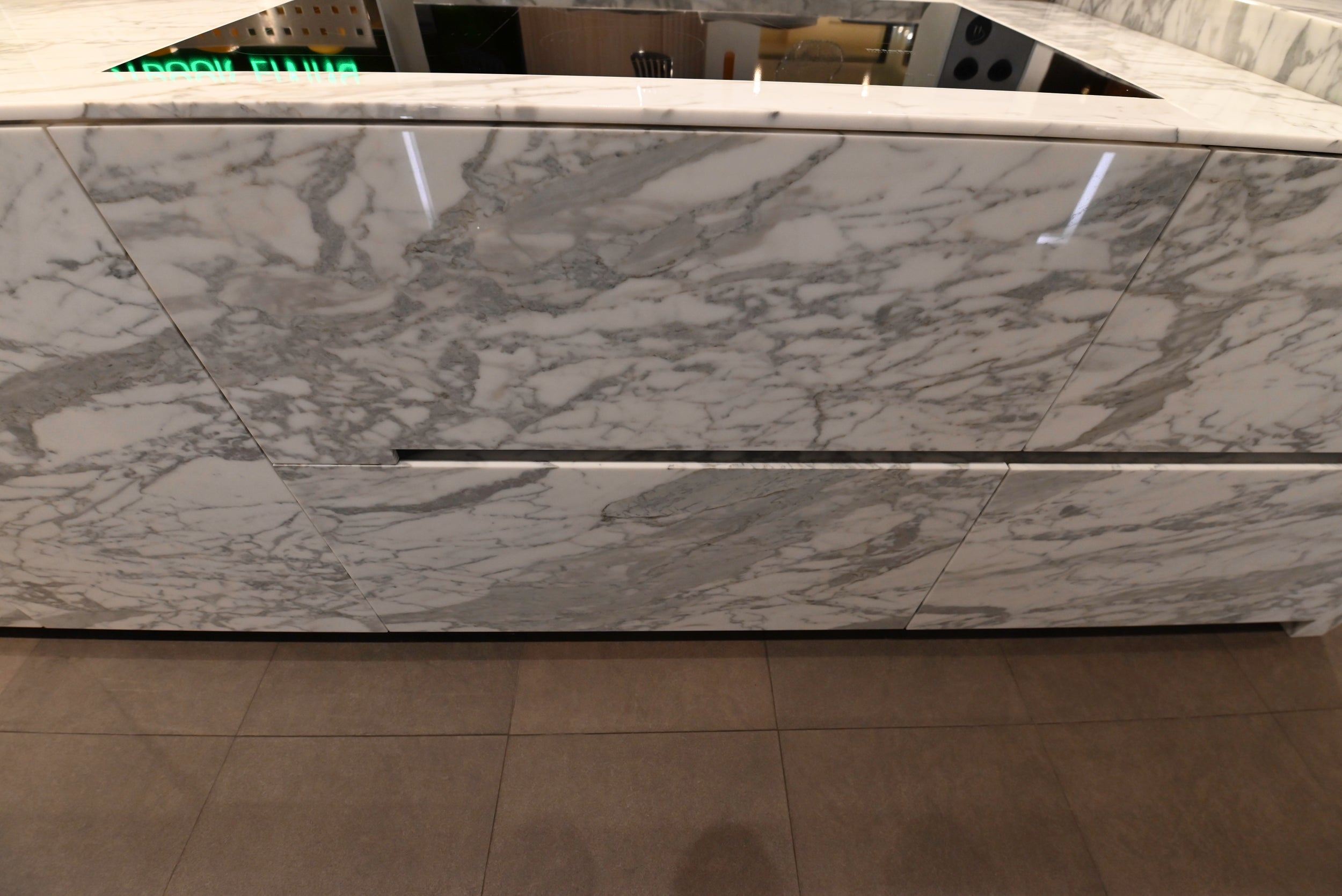 eggersmann Chablis Vintage Oak & Steel Grey Modern Kitchen with Arabescato Waterfall Island and Miele Appliance Suite