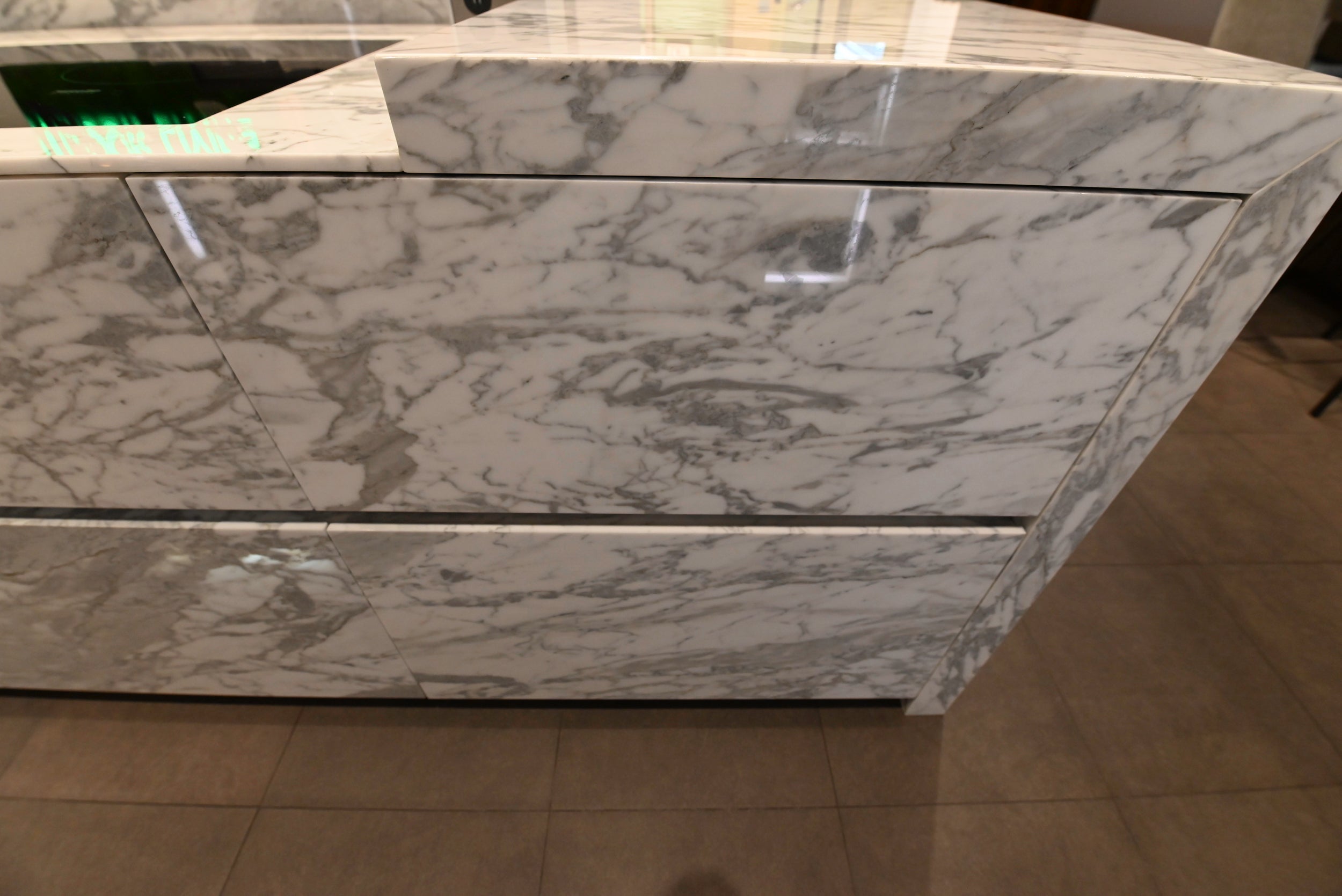 eggersmann Chablis Vintage Oak & Steel Grey Modern Kitchen with Arabescato Waterfall Island and Miele Appliance Suite