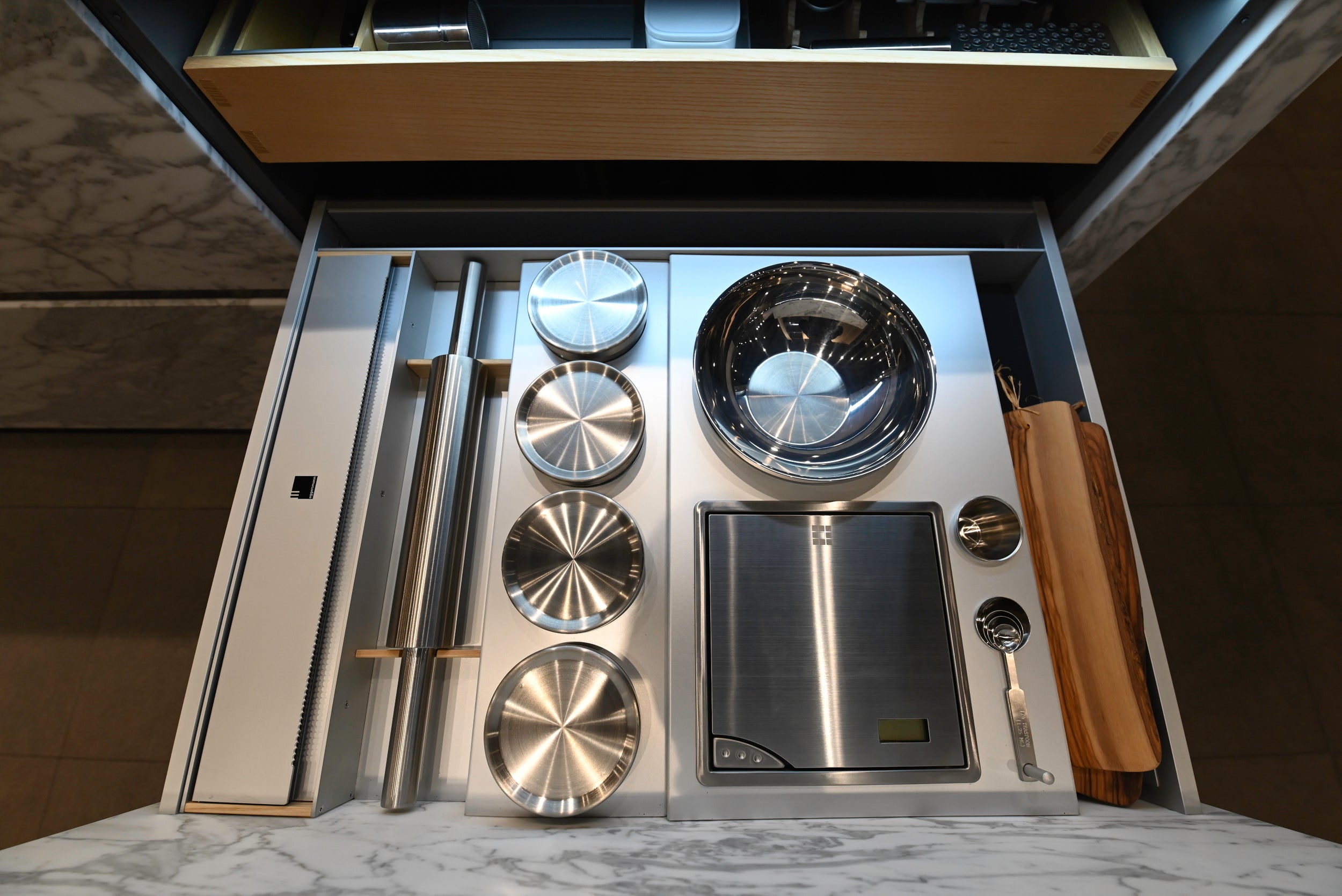 eggersmann Chablis Vintage Oak & Steel Grey Modern Kitchen with Arabescato Waterfall Island and Miele Appliance Suite