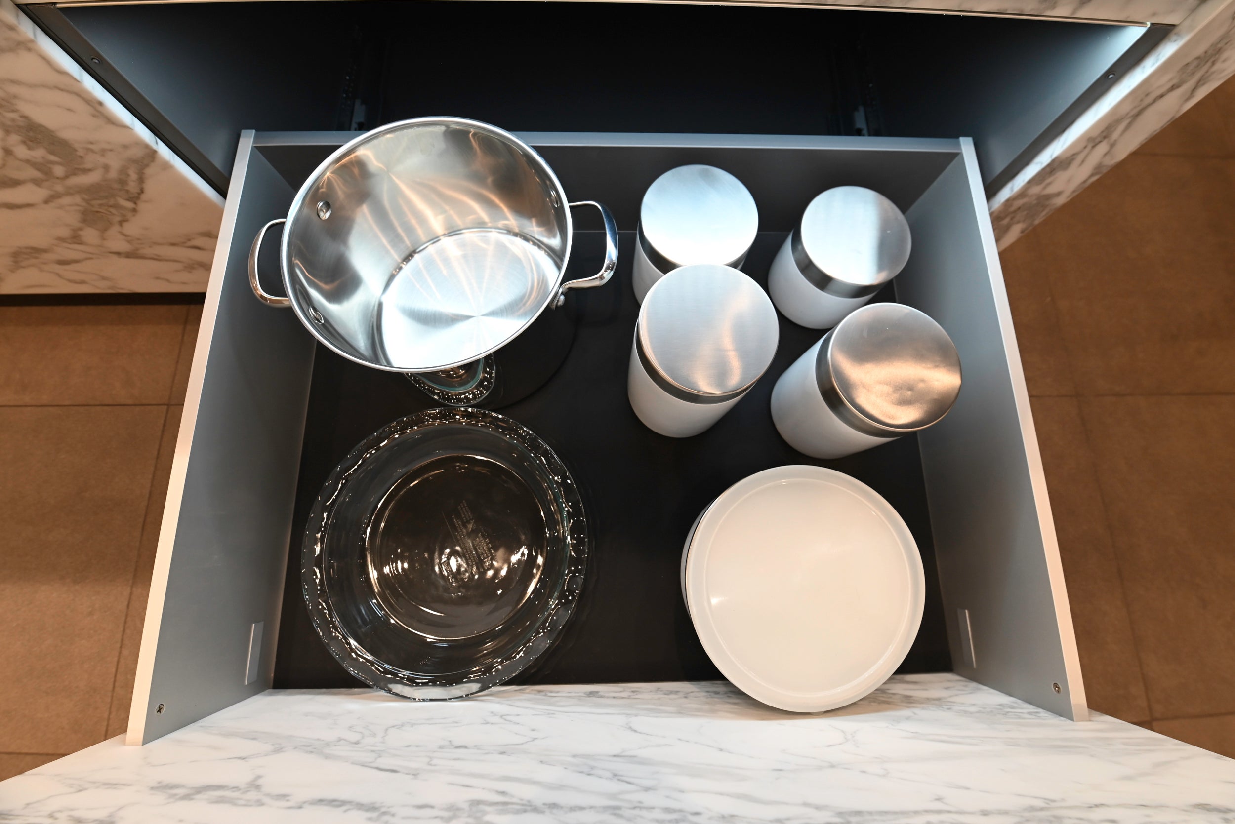 eggersmann Chablis Vintage Oak & Steel Grey Modern Kitchen with Arabescato Waterfall Island and Miele Appliance Suite