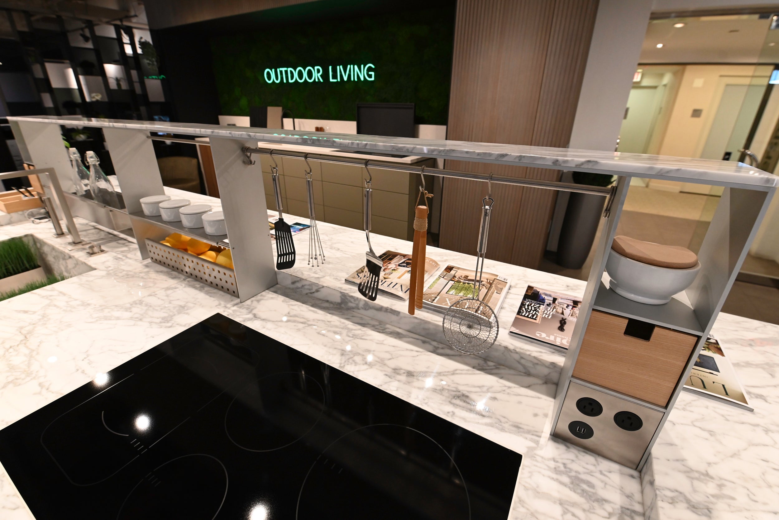 eggersmann USA Chablis Vintage Oak & Steel Grey Modern Kitchen with Arabescato Waterfall Island and Miele Appliance Suite