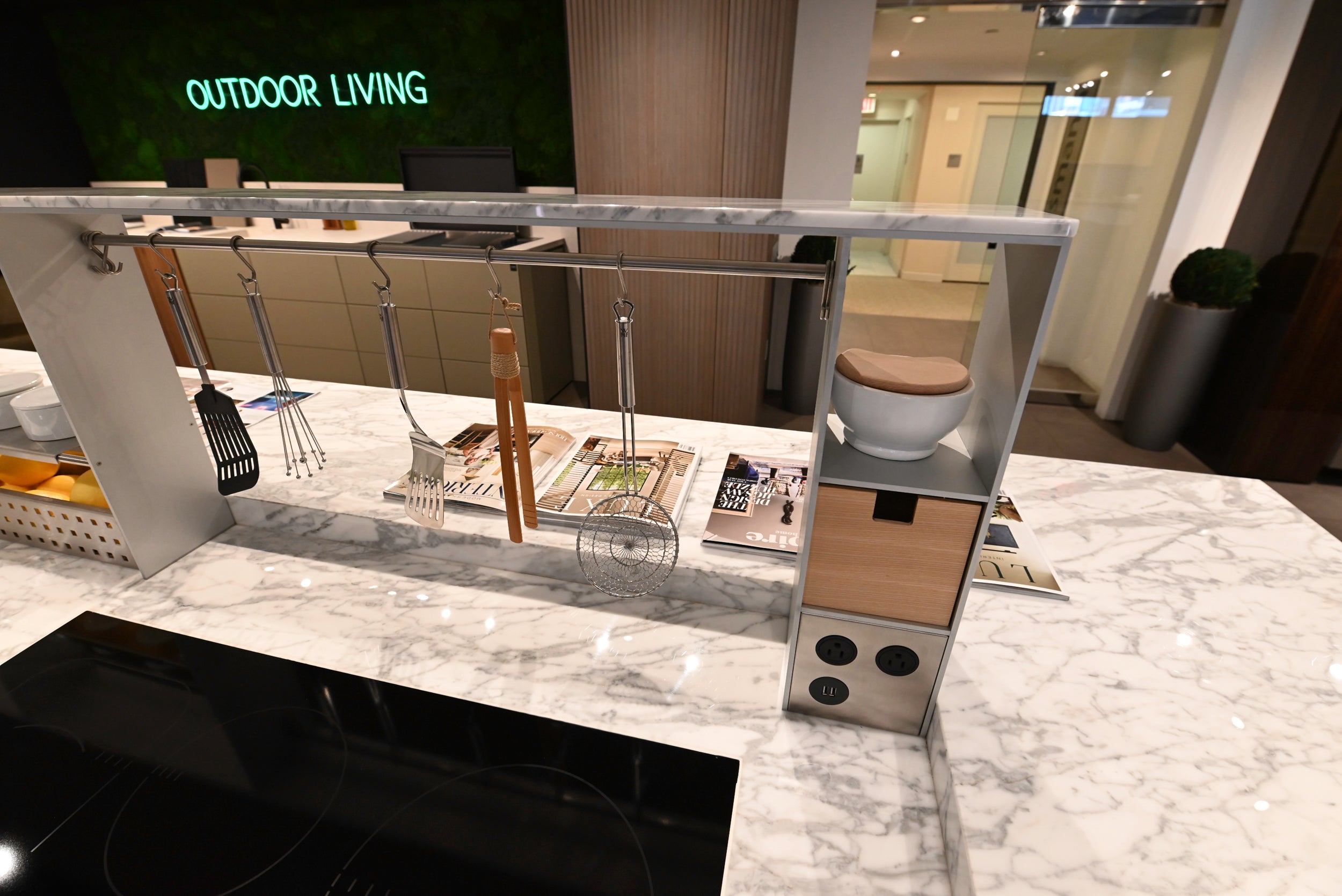 eggersmann USA Chablis Vintage Oak & Steel Grey Modern Kitchen with Arabescato Waterfall Island and Miele Appliance Suite