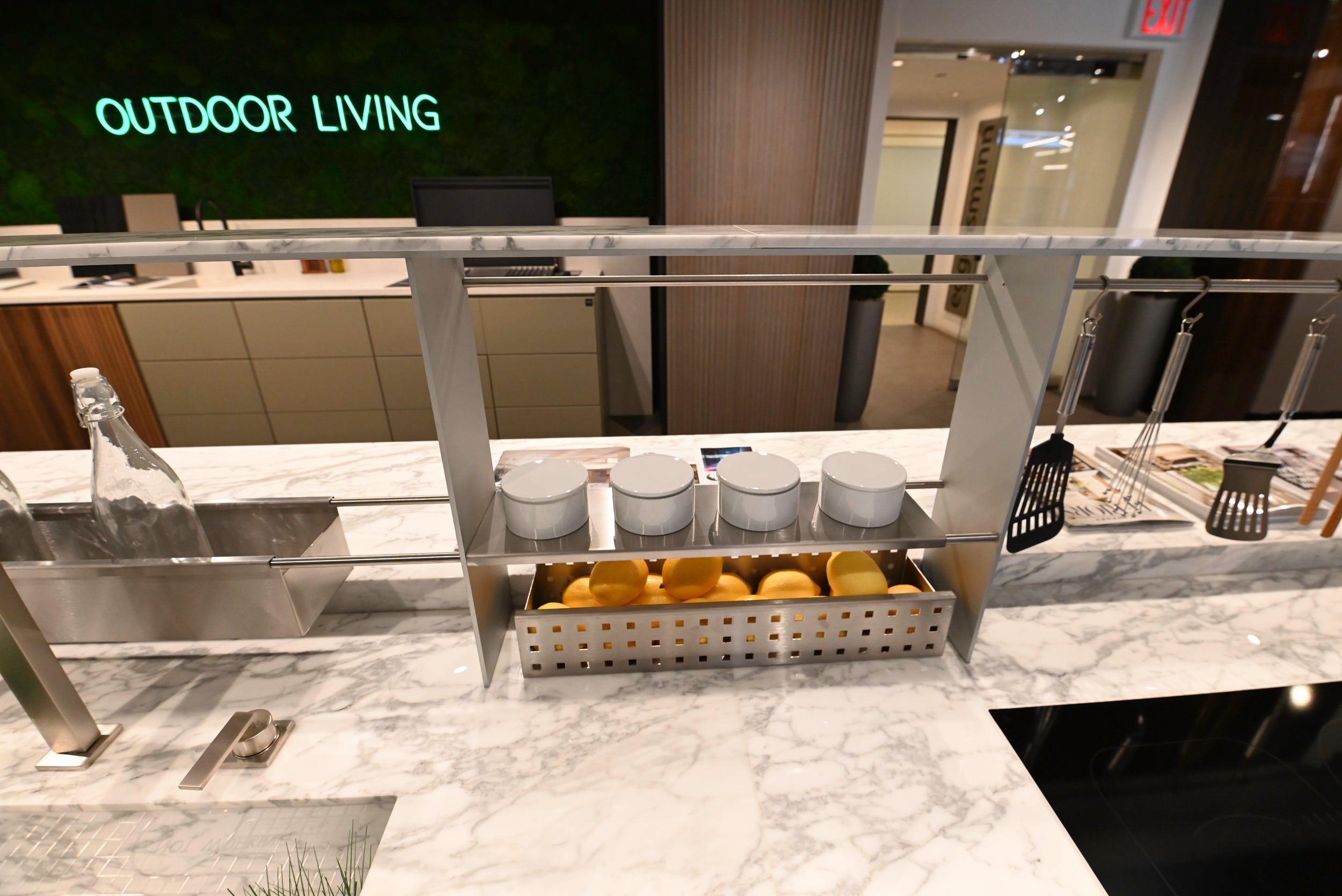 eggersmann USA Chablis Vintage Oak & Steel Grey Modern Kitchen with Arabescato Waterfall Island and Miele Appliance Suite
