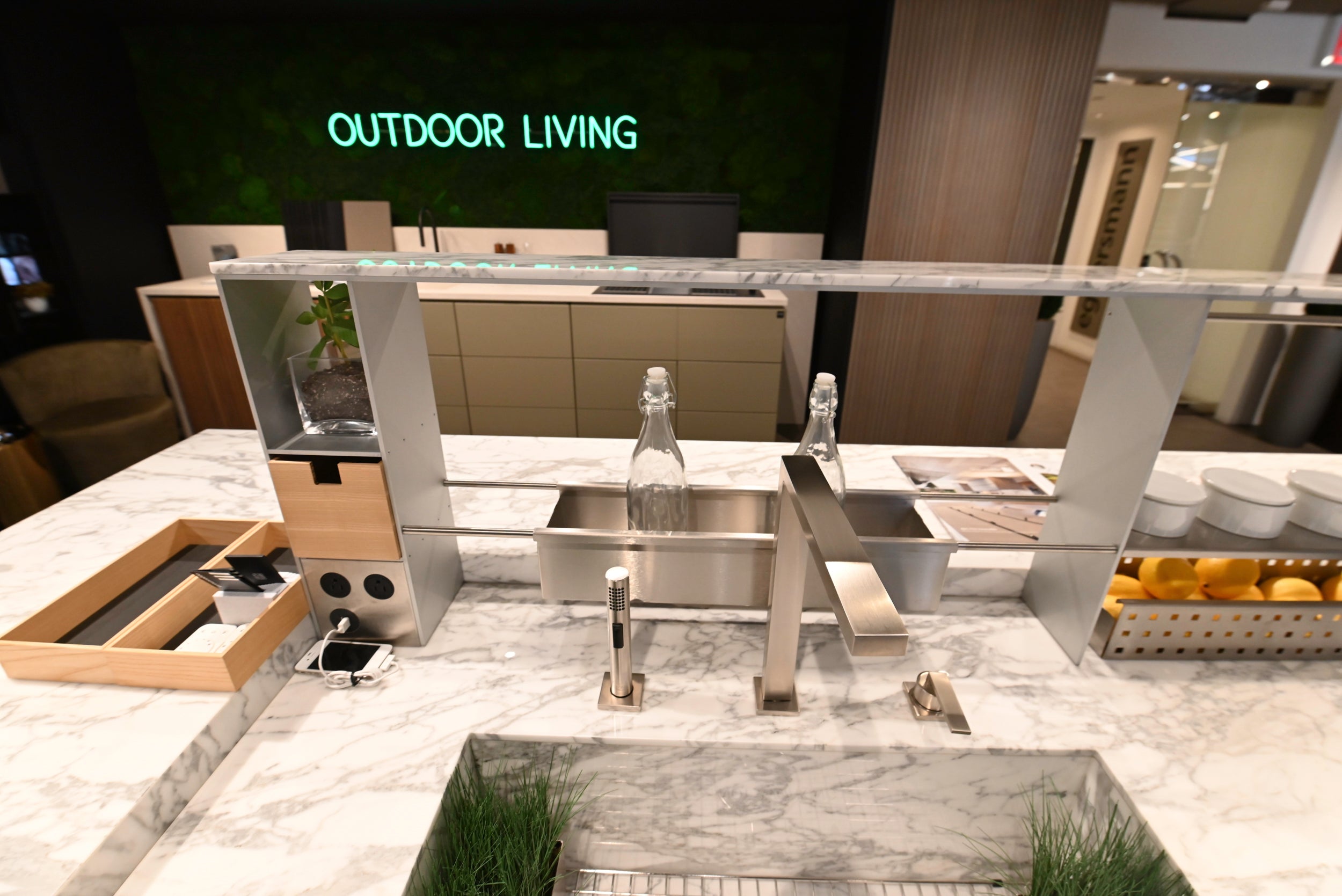 eggersmann Chablis Vintage Oak & Steel Grey Modern Kitchen with Arabescato Waterfall Island and Miele Appliance Suite