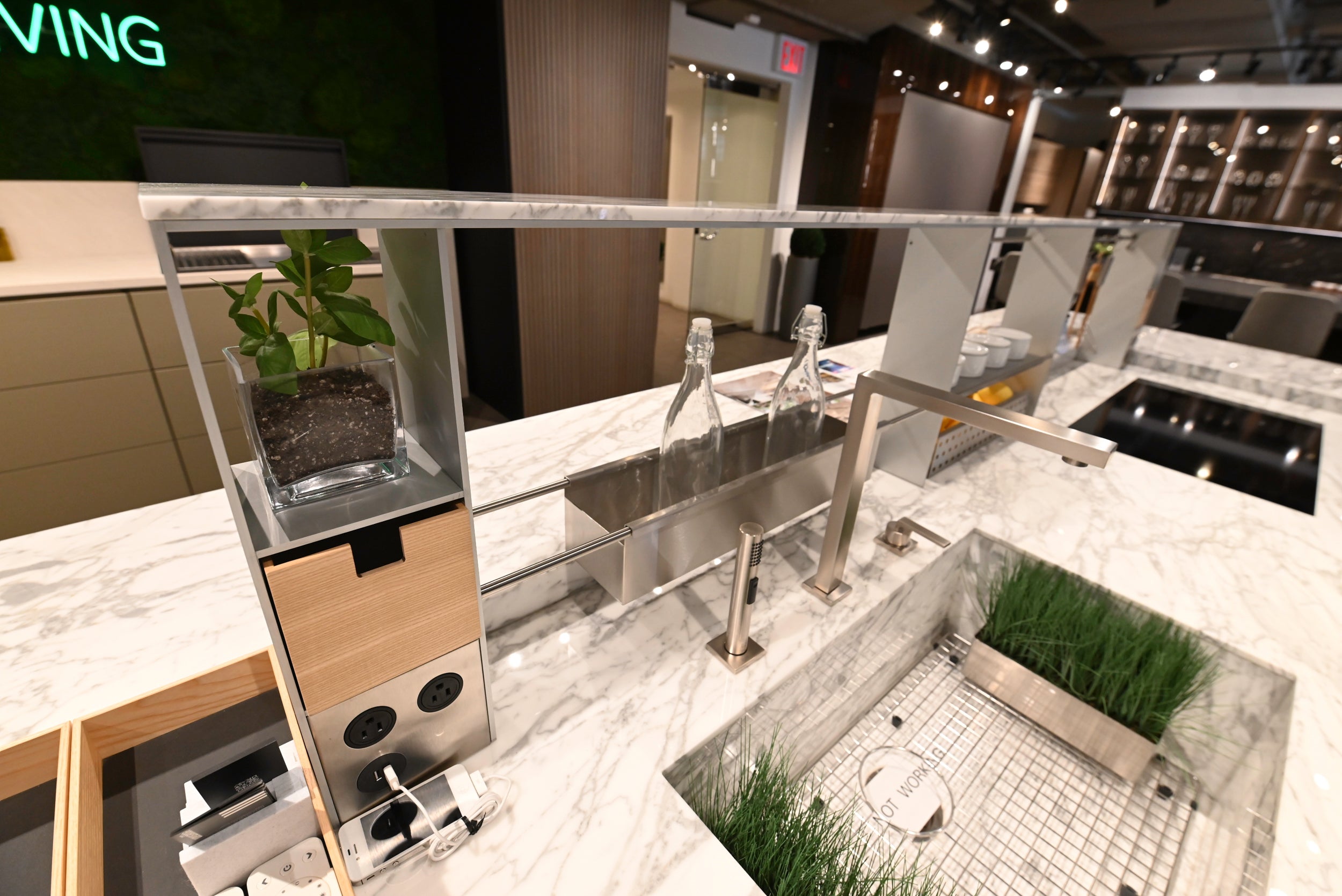 eggersmann Chablis Vintage Oak & Steel Grey Modern Kitchen with Arabescato Waterfall Island and Miele Appliance Suite