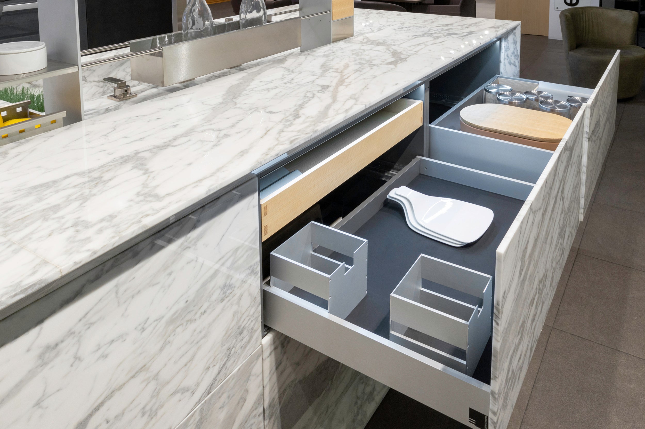 eggersmann Chablis Vintage Oak & Steel Grey Modern Kitchen with Arabescato Waterfall Island and Miele Appliance Suite