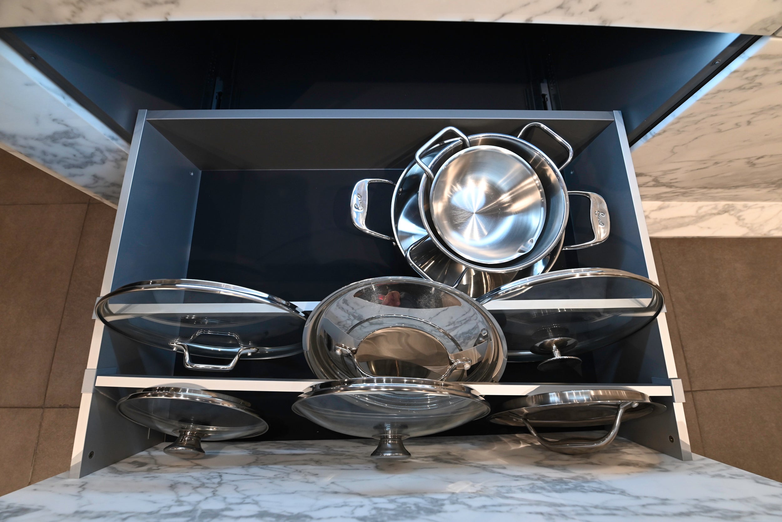 eggersmann Chablis Vintage Oak & Steel Grey Modern Kitchen with Arabescato Waterfall Island and Miele Appliance Suite