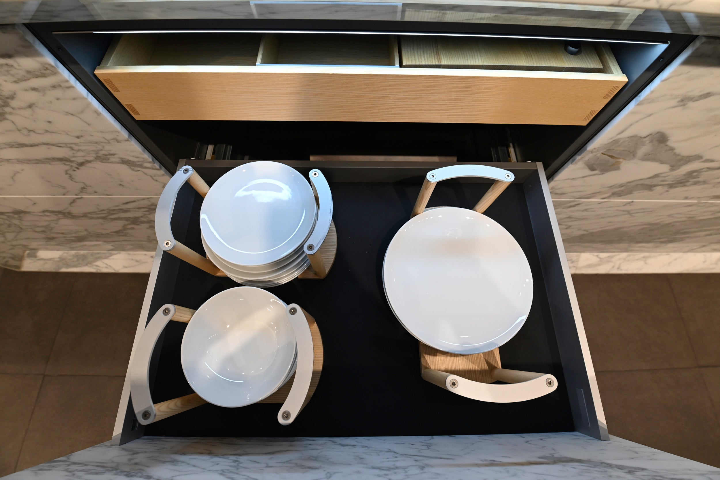 eggersmann USA Chablis Vintage Oak & Steel Grey Modern Kitchen with Arabescato Waterfall Island and Miele Appliance Suite