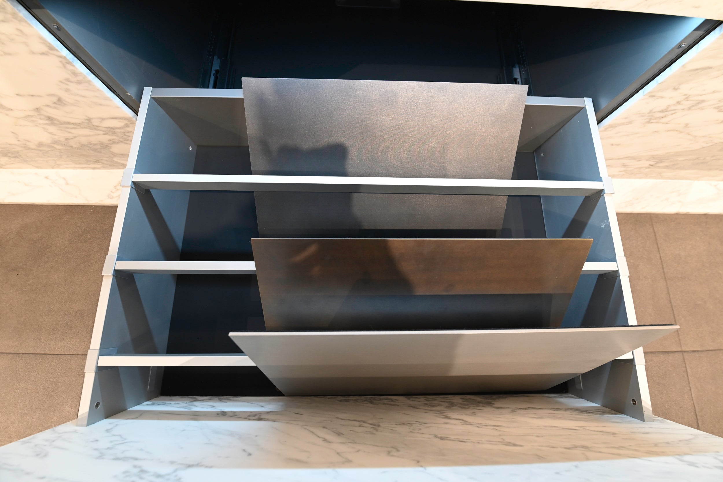 eggersmann Chablis Vintage Oak & Steel Grey Modern Kitchen with Arabescato Waterfall Island and Miele Appliance Suite