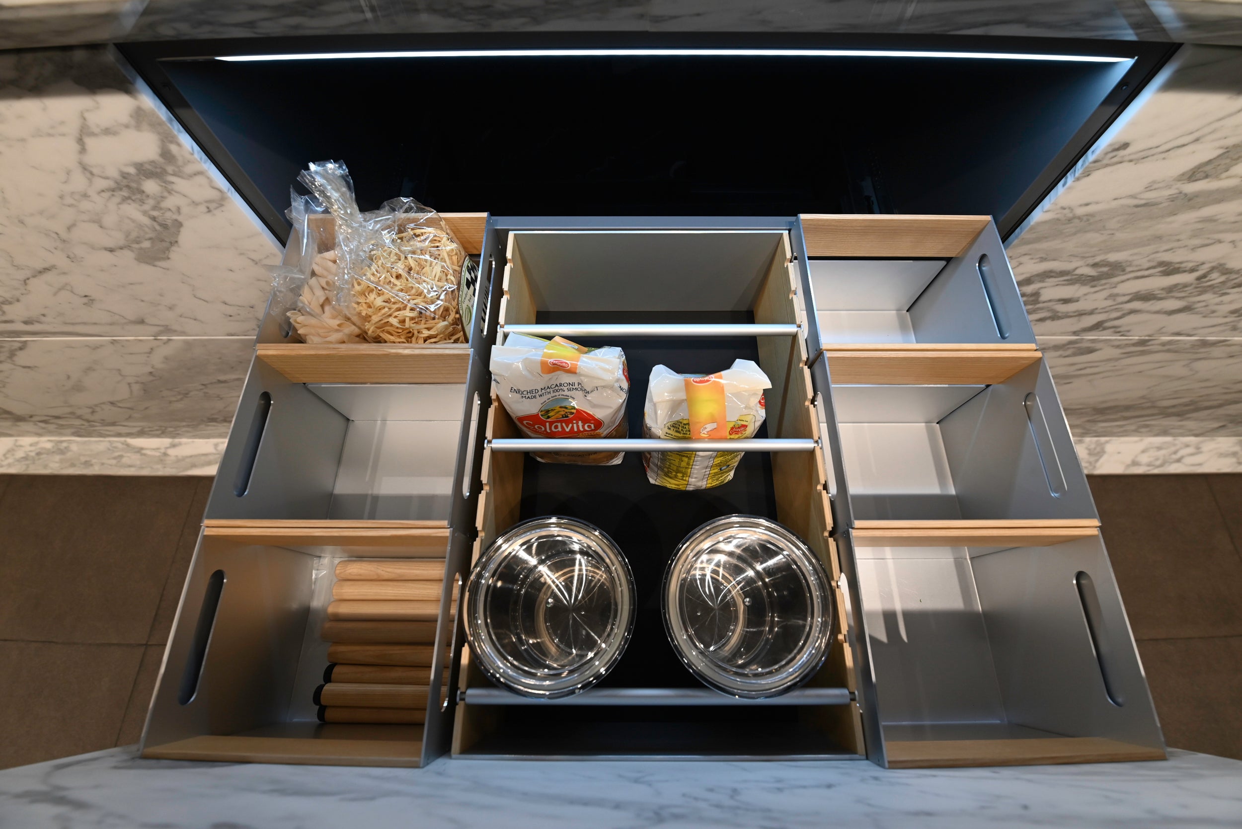 eggersmann Chablis Vintage Oak & Steel Grey Modern Kitchen with Arabescato Waterfall Island and Miele Appliance Suite