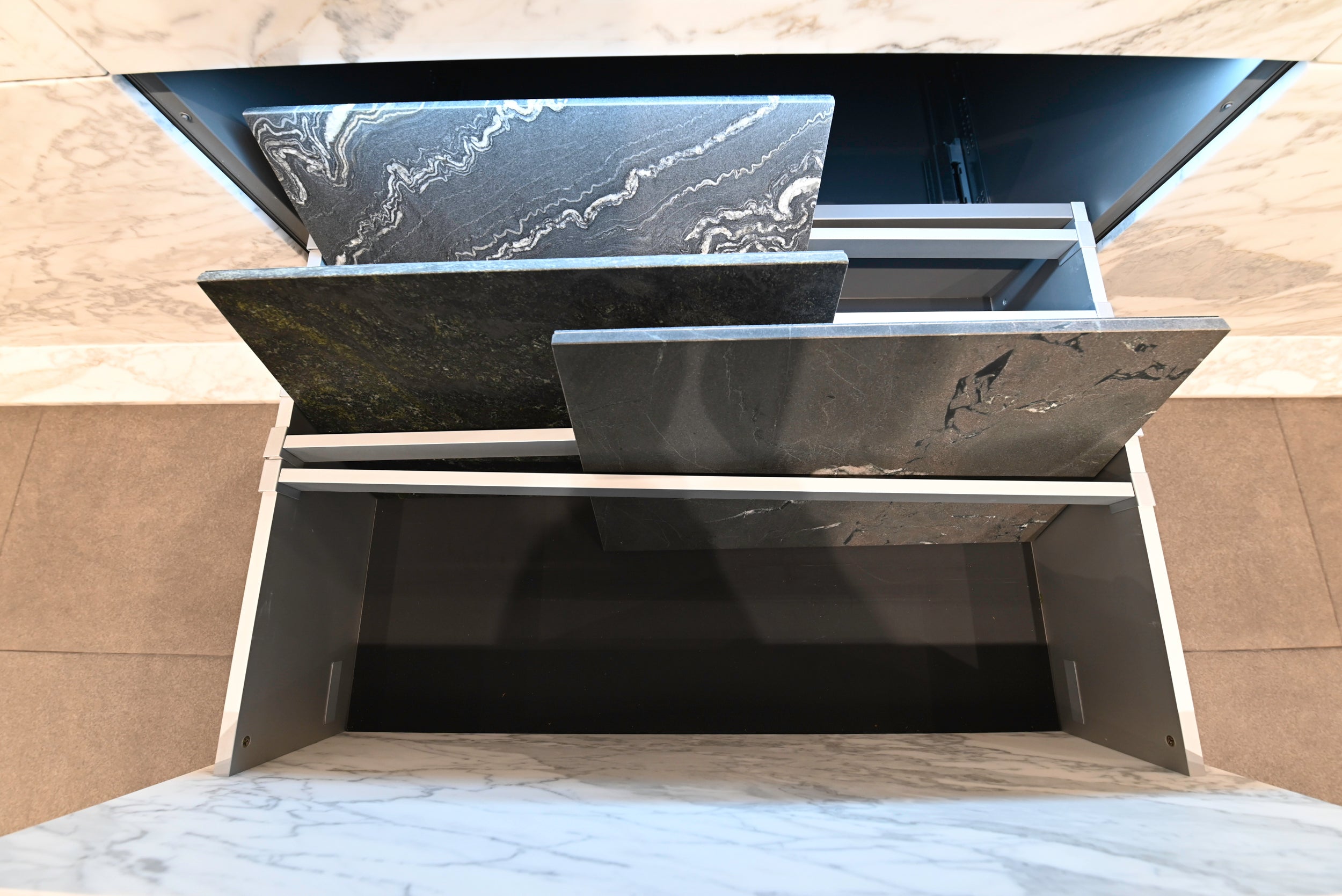 eggersmann Chablis Vintage Oak & Steel Grey Modern Kitchen with Arabescato Waterfall Island and Miele Appliance Suite