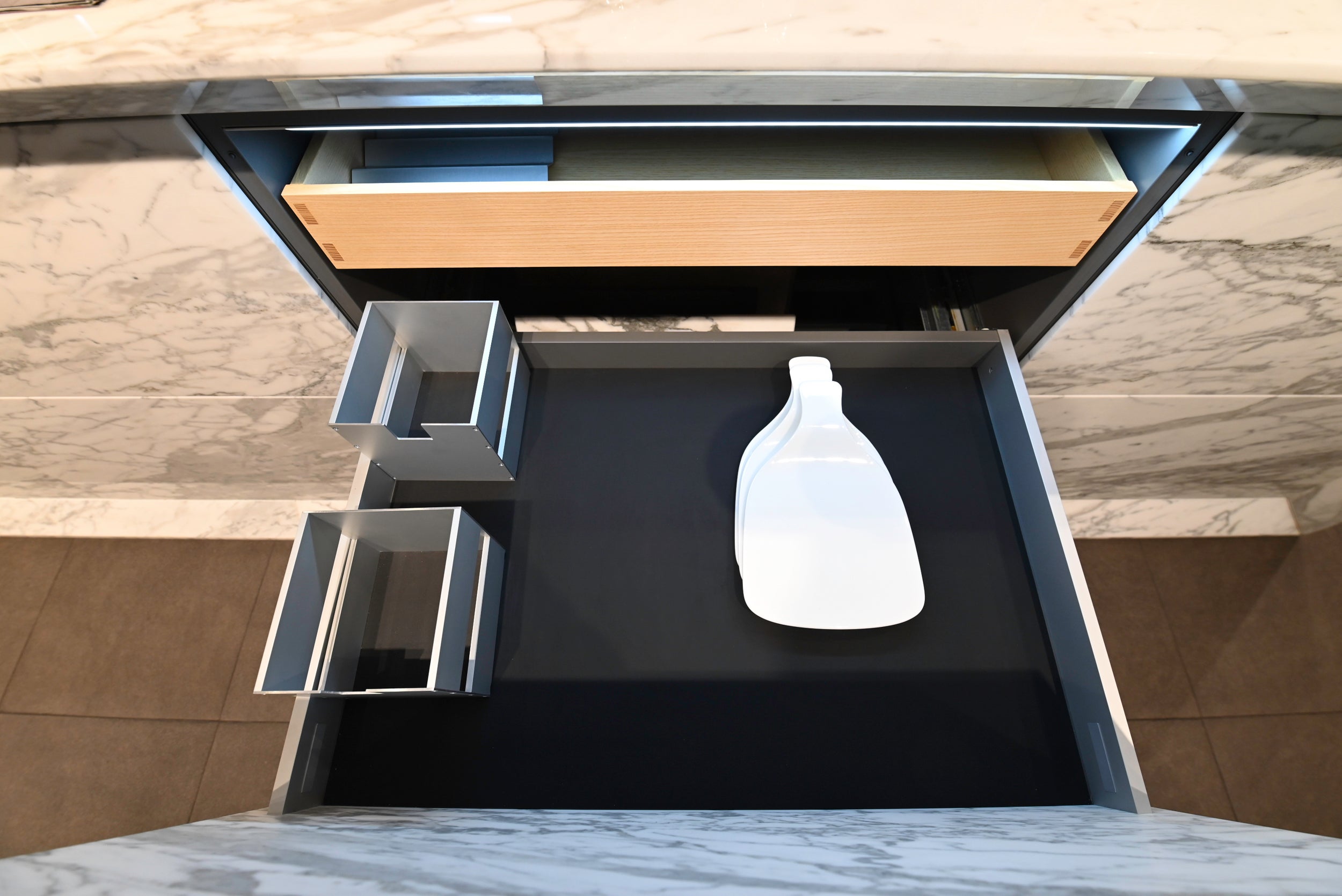 eggersmann Chablis Vintage Oak & Steel Grey Modern Kitchen with Arabescato Waterfall Island and Miele Appliance Suite