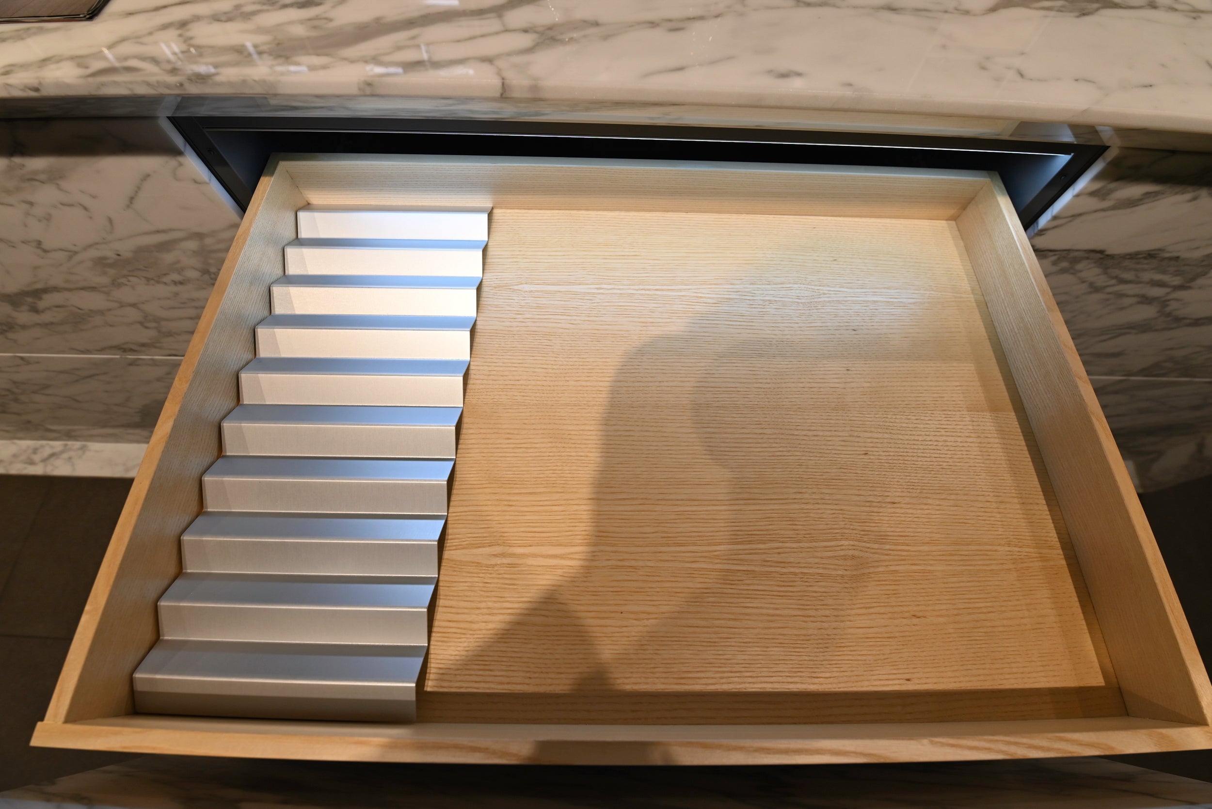 eggersmann Chablis Vintage Oak & Steel Grey Modern Kitchen with Arabescato Waterfall Island and Miele Appliance Suite