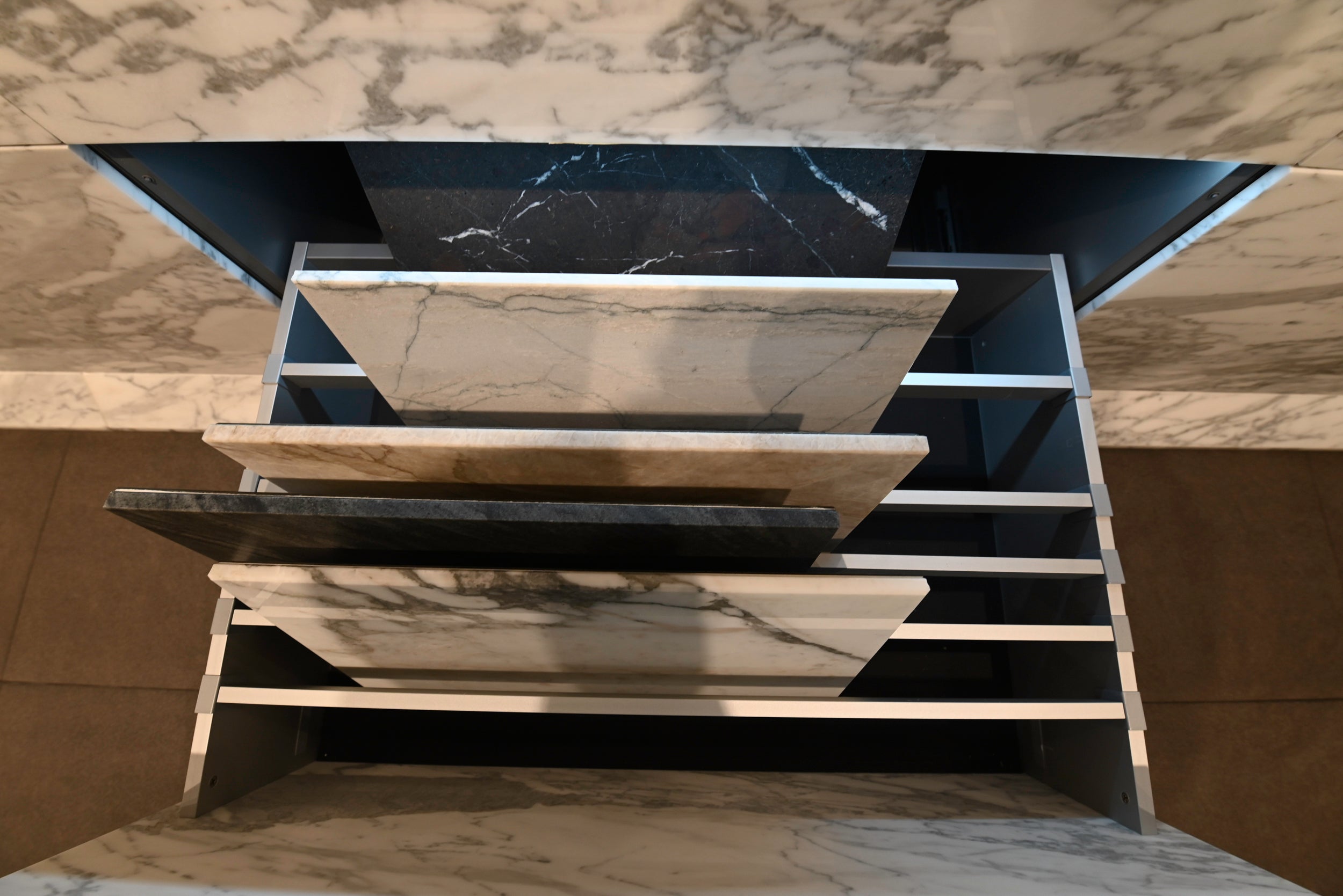 eggersmann USA Chablis Vintage Oak & Steel Grey Modern Kitchen with Arabescato Waterfall Island and Miele Appliance Suite