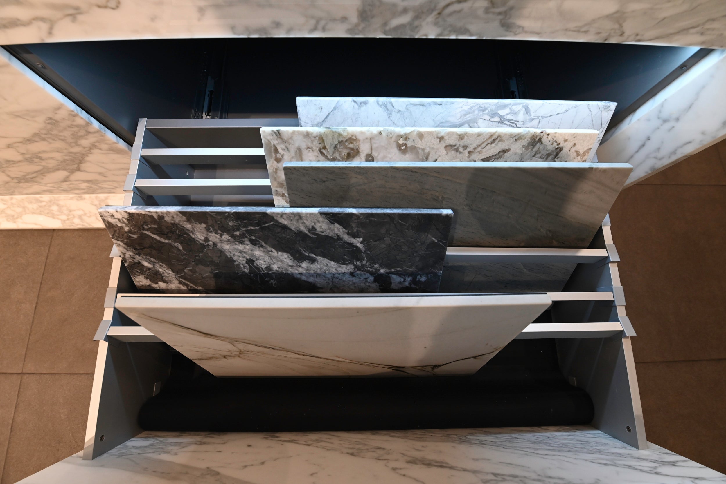 eggersmann Chablis Vintage Oak & Steel Grey Modern Kitchen with Arabescato Waterfall Island and Miele Appliance Suite