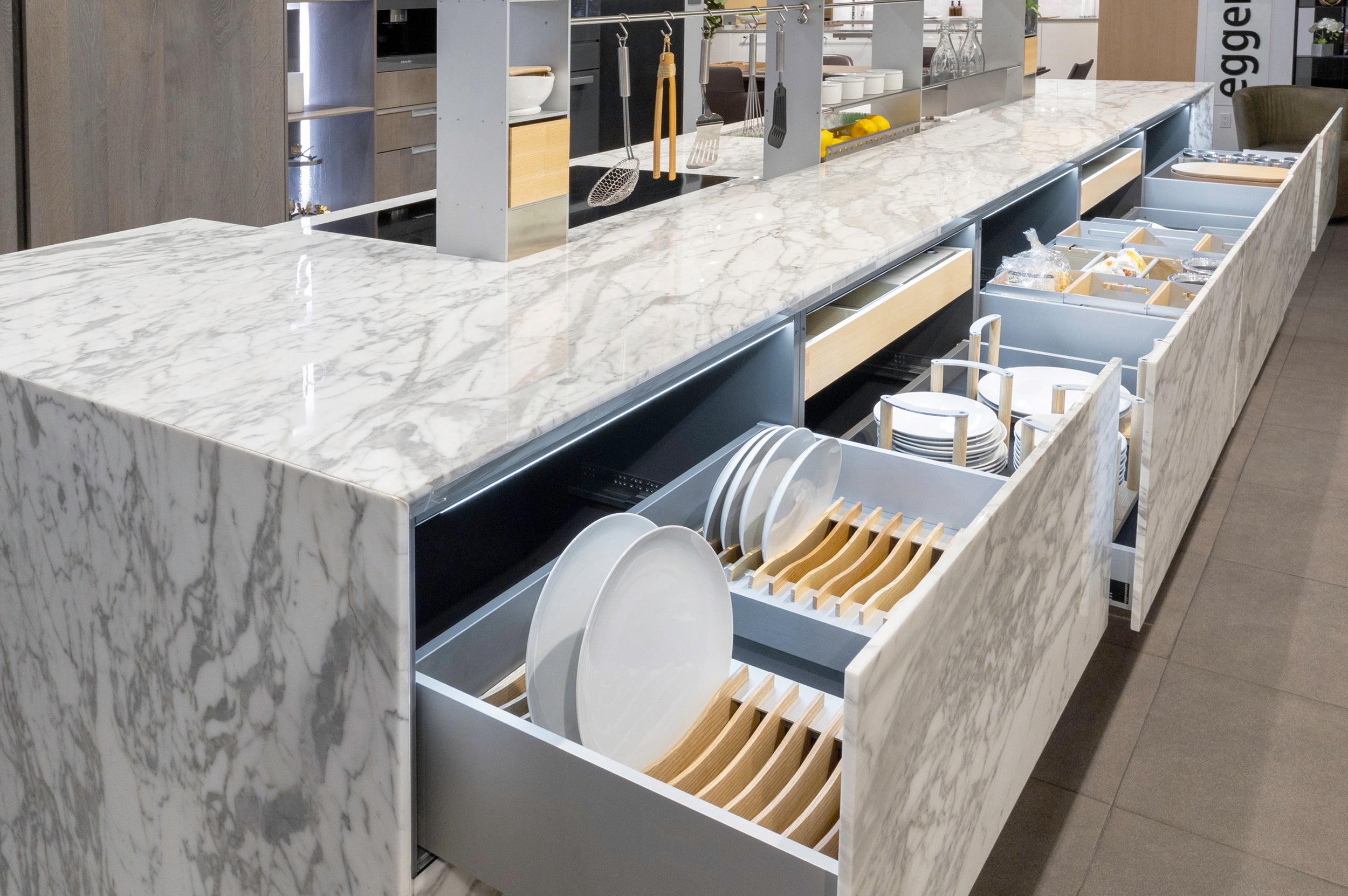 eggersmann USA Chablis Vintage Oak & Steel Grey Modern Kitchen with Arabescato Waterfall Island and Miele Appliance Suite