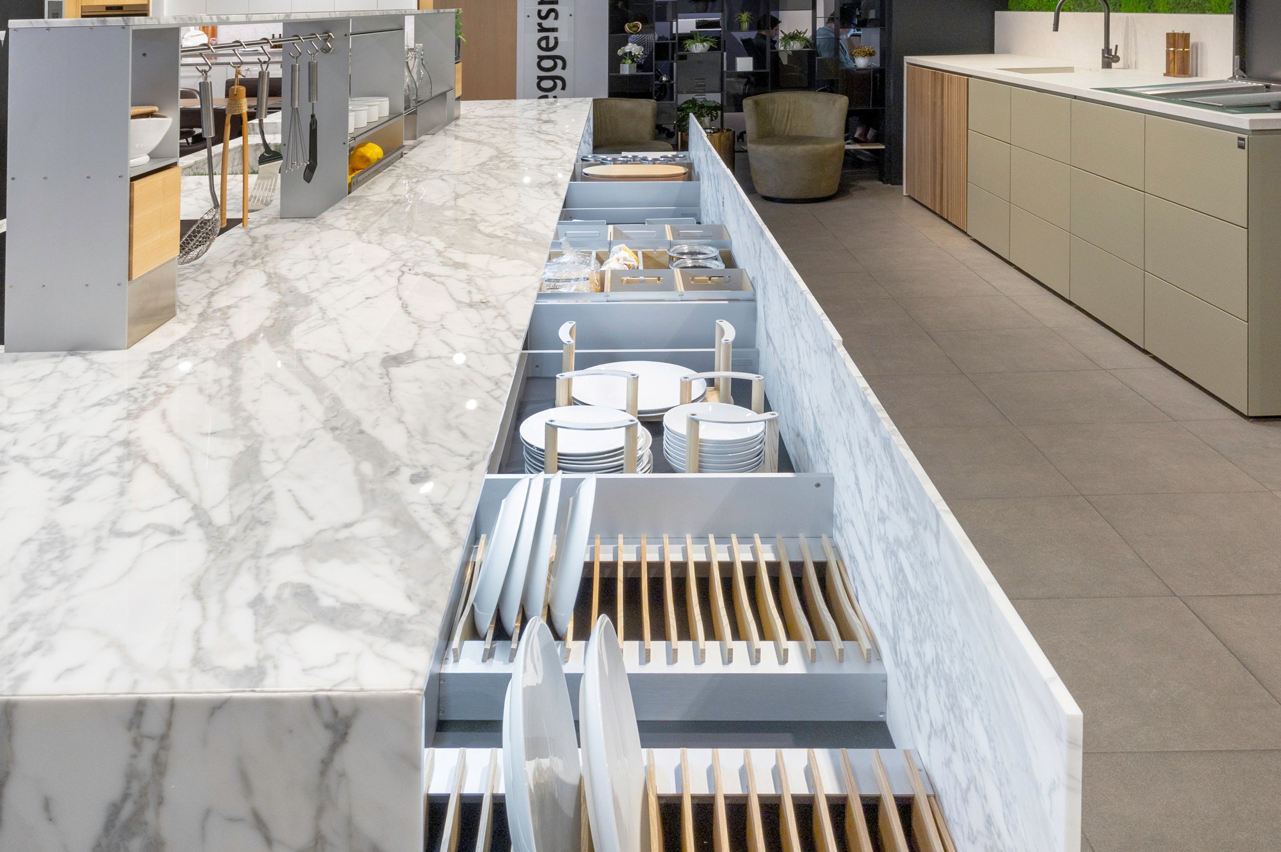 eggersmann USA Chablis Vintage Oak & Steel Grey Modern Kitchen with Arabescato Waterfall Island and Miele Appliance Suite