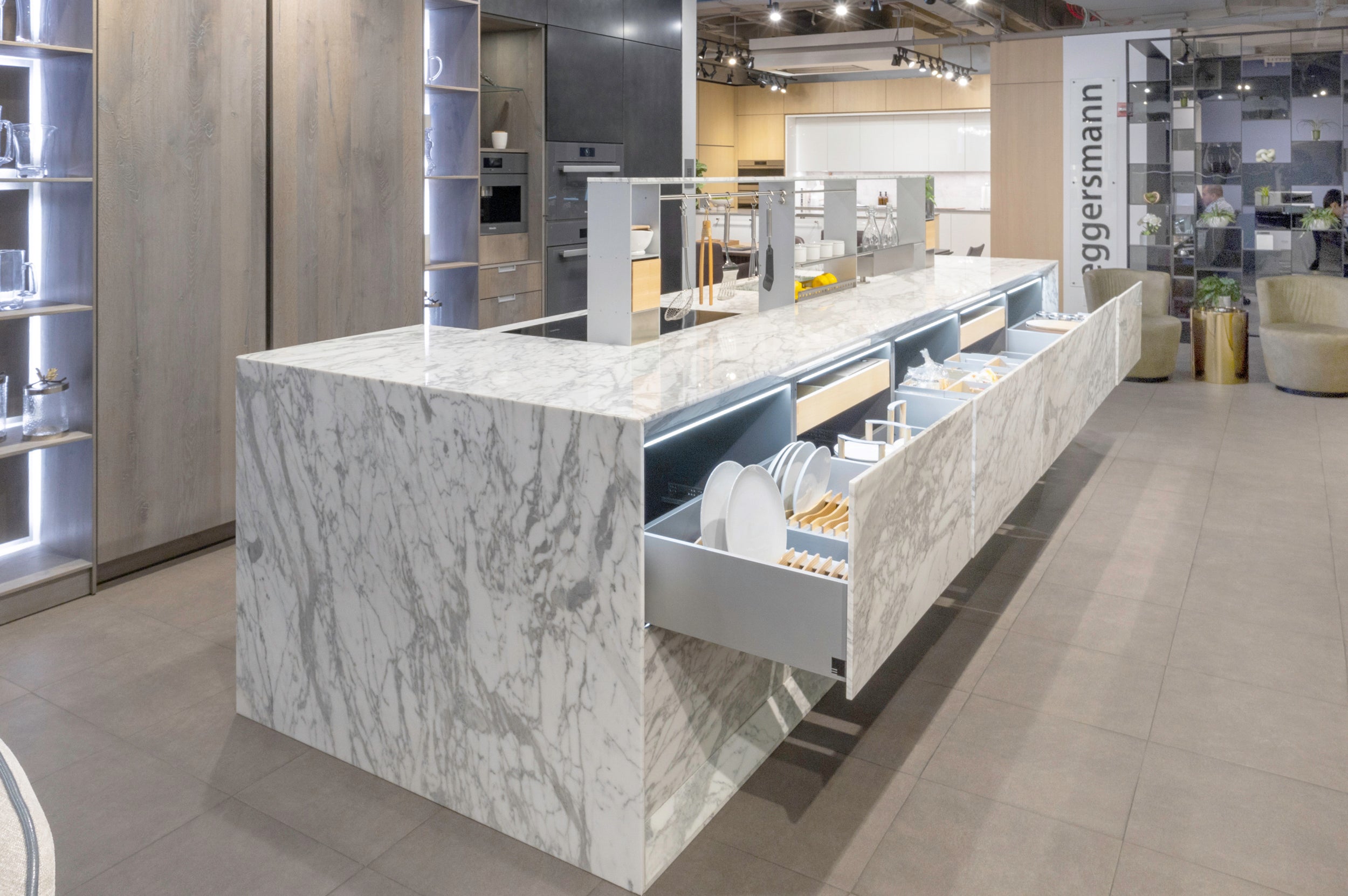 eggersmann USA Chablis Vintage Oak & Steel Grey Modern Kitchen with Arabescato Waterfall Island and Miele Appliance Suite