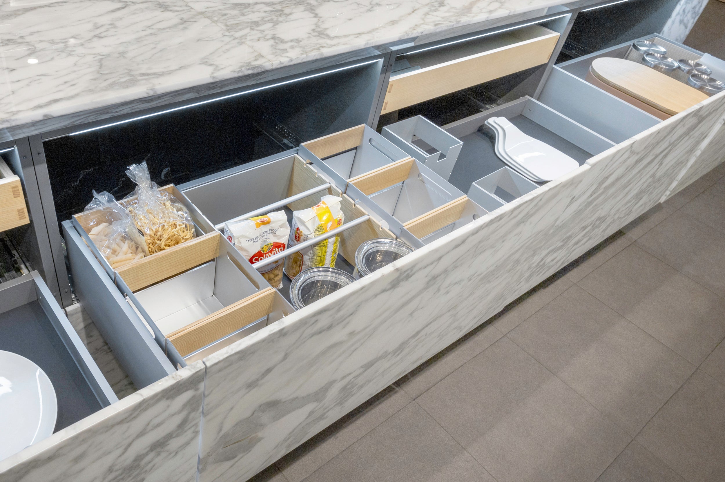 eggersmann Chablis Vintage Oak & Steel Grey Modern Kitchen with Arabescato Waterfall Island and Miele Appliance Suite