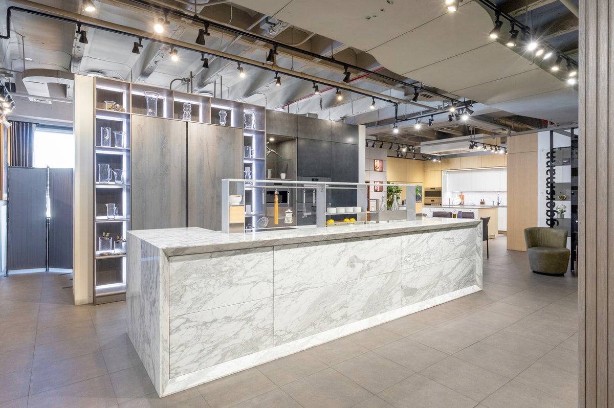 eggersmann USA Barrel Oak Silver Oiled Modern Kitchen with Arabescato Waterfall Island and Miele Appliances