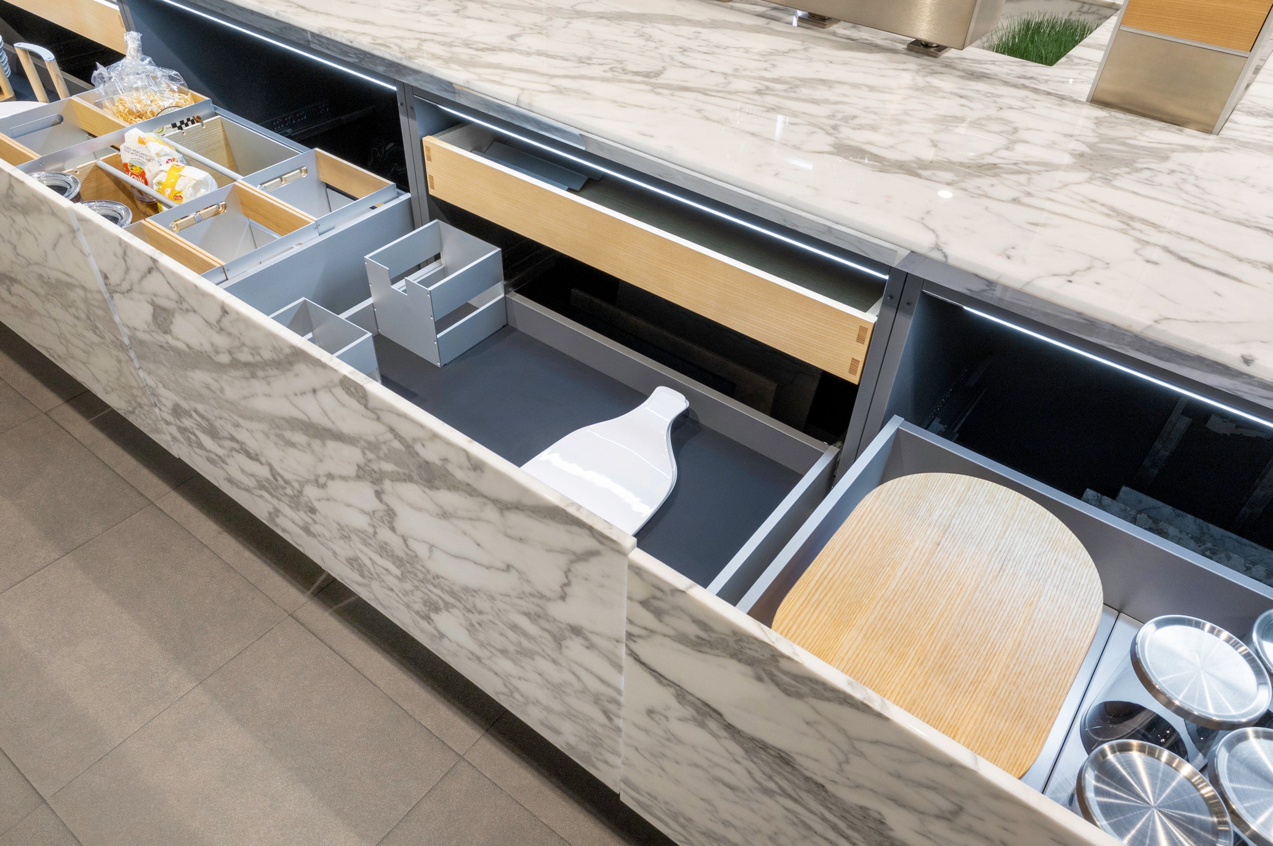 eggersmann Chablis Vintage Oak & Steel Grey Modern Kitchen with Arabescato Waterfall Island and Miele Appliance Suite