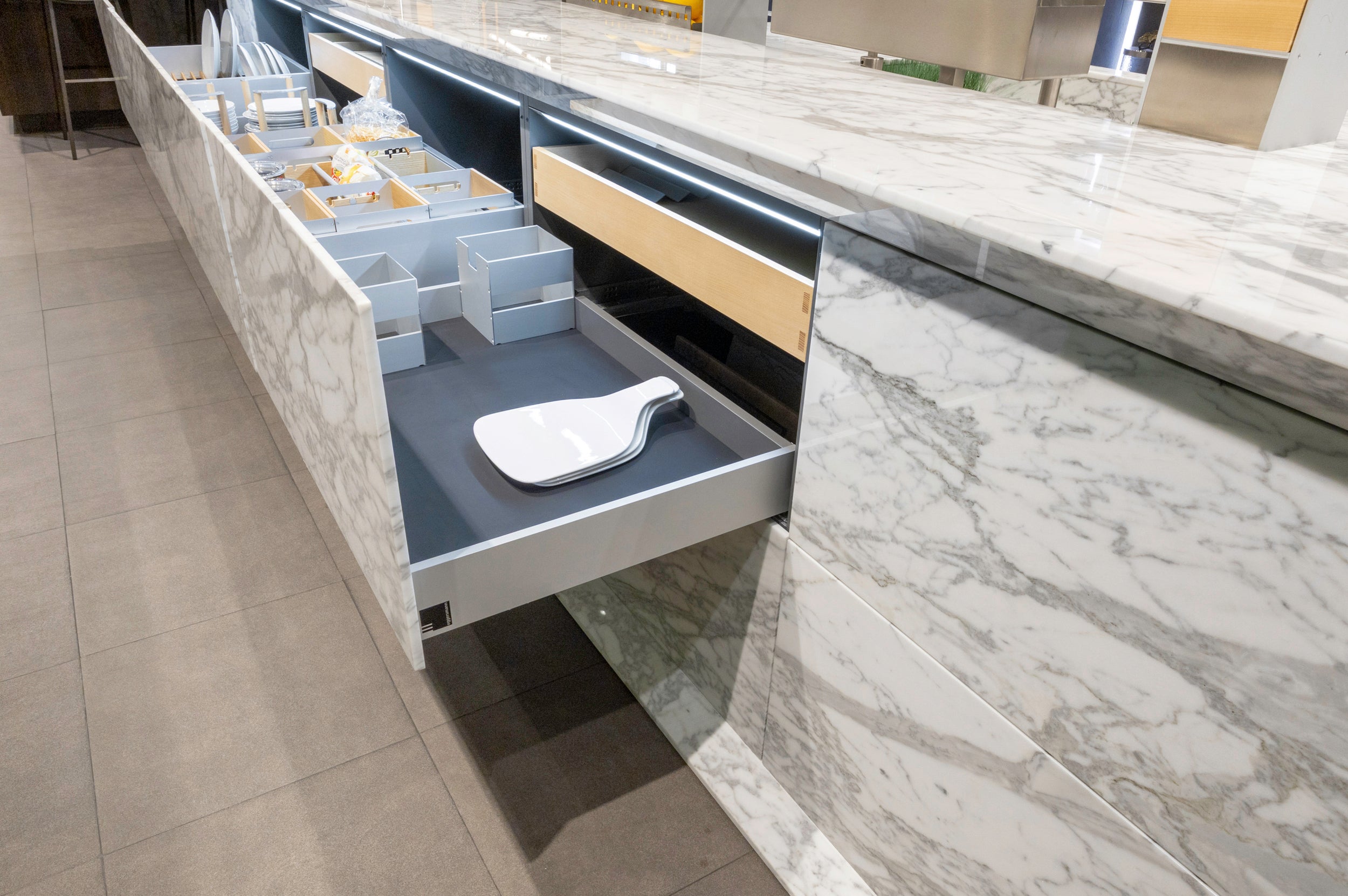 eggersmann USA Chablis Vintage Oak & Steel Grey Modern Kitchen with Arabescato Waterfall Island and Miele Appliance Suite