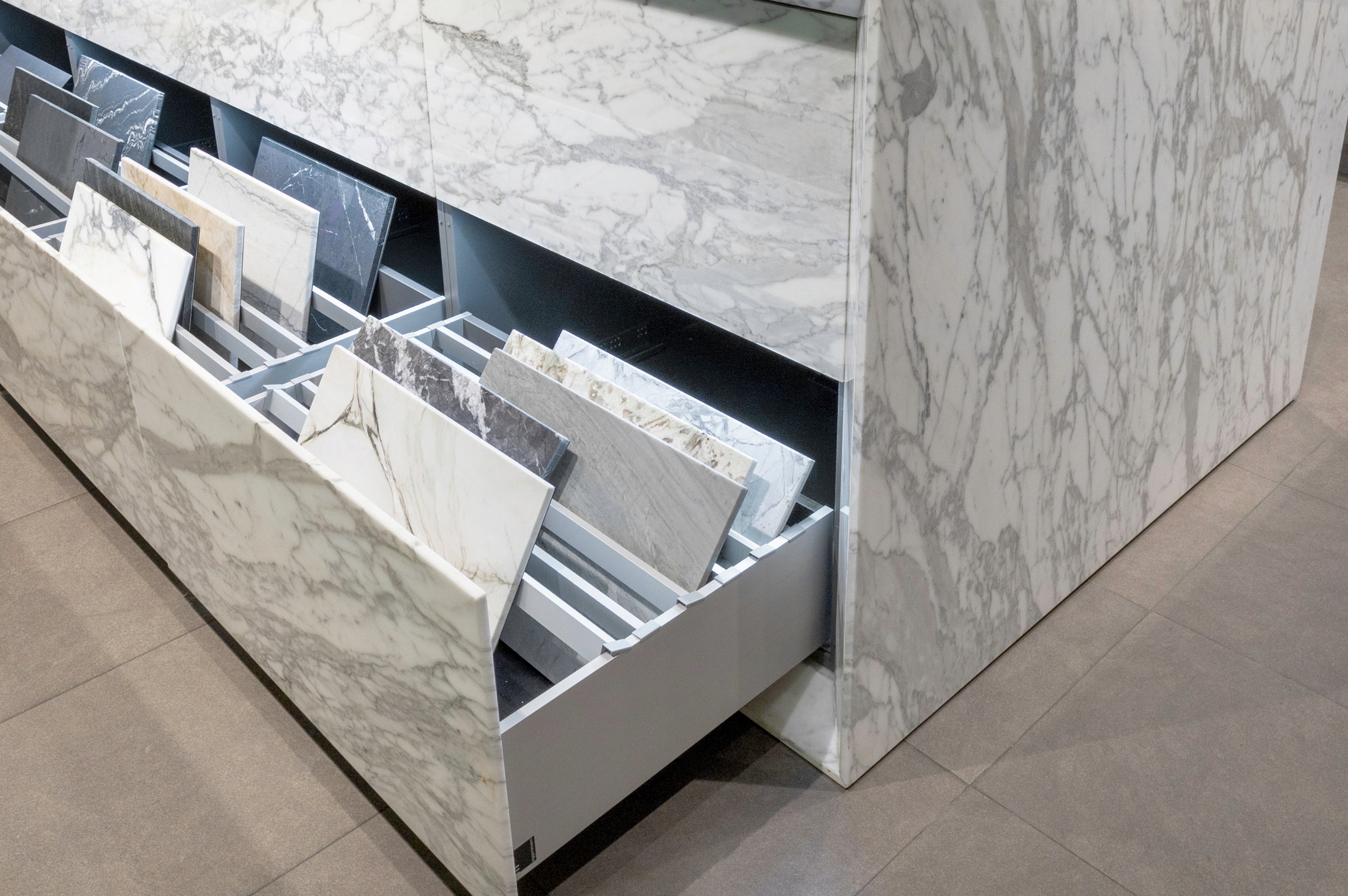 eggersmann Chablis Vintage Oak & Steel Grey Modern Kitchen with Arabescato Waterfall Island and Miele Appliance Suite