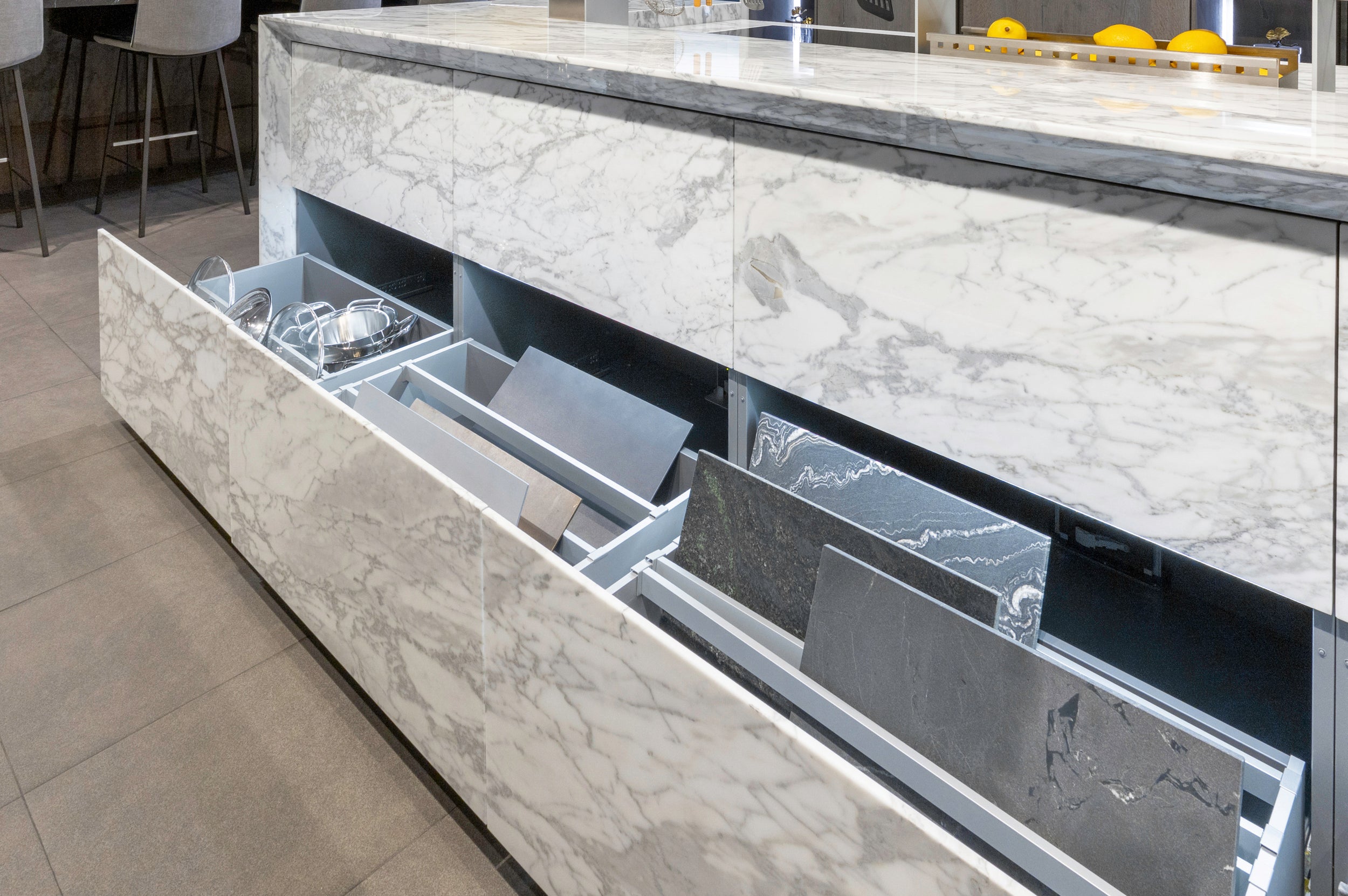 eggersmann USA Chablis Vintage Oak & Steel Grey Modern Kitchen with Arabescato Waterfall Island and Miele Appliance Suite