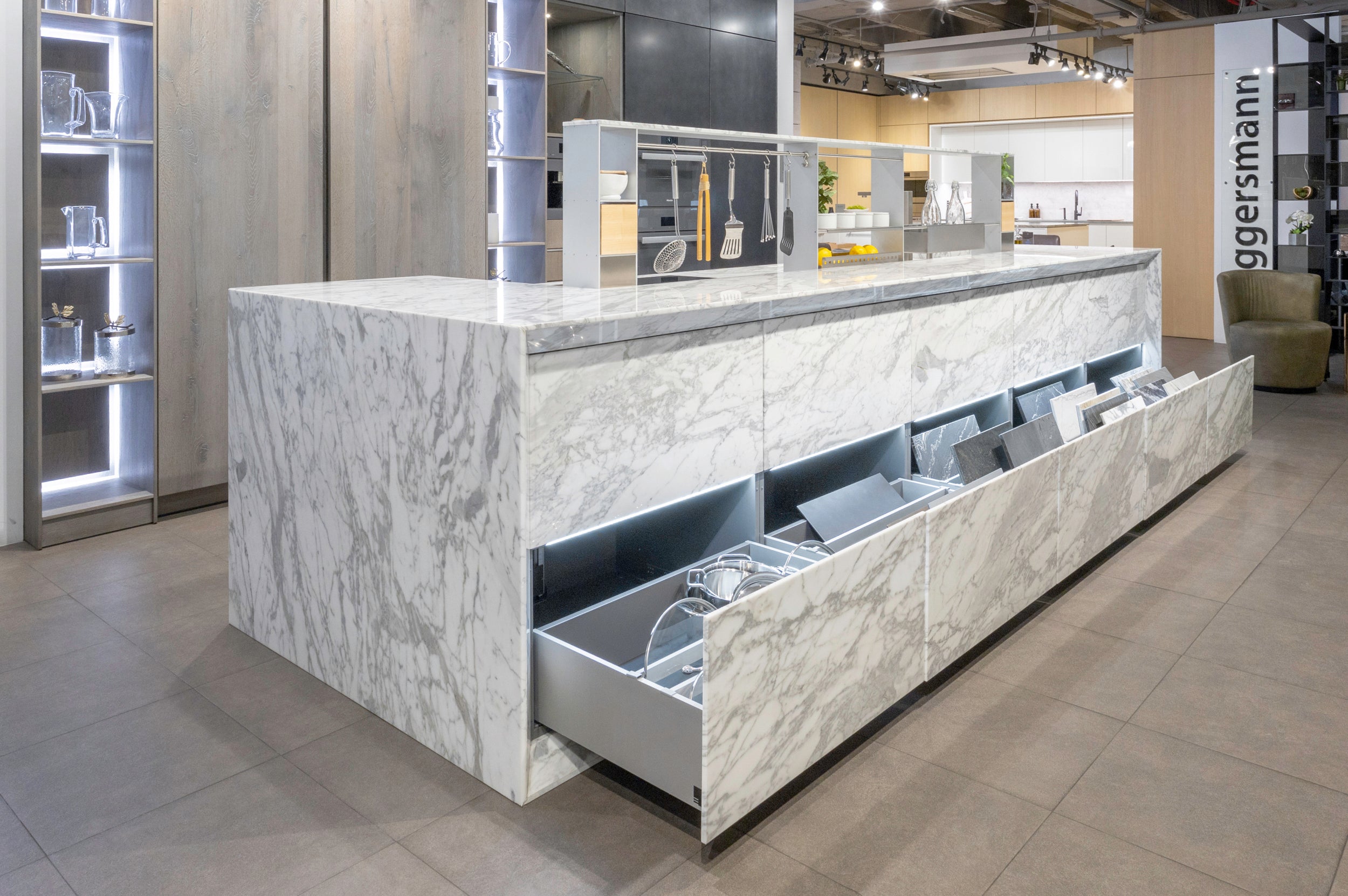 eggersmann Chablis Vintage Oak & Steel Grey Modern Kitchen with Arabescato Waterfall Island and Miele Appliance Suite