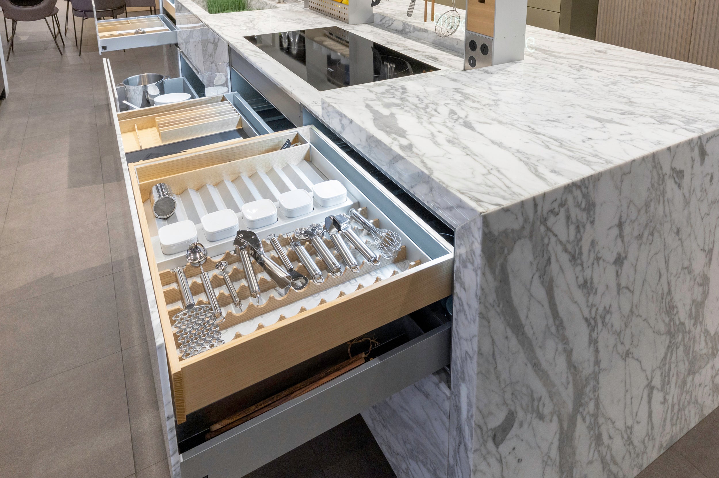 eggersmann Chablis Vintage Oak & Steel Grey Modern Kitchen with Arabescato Waterfall Island and Miele Appliance Suite