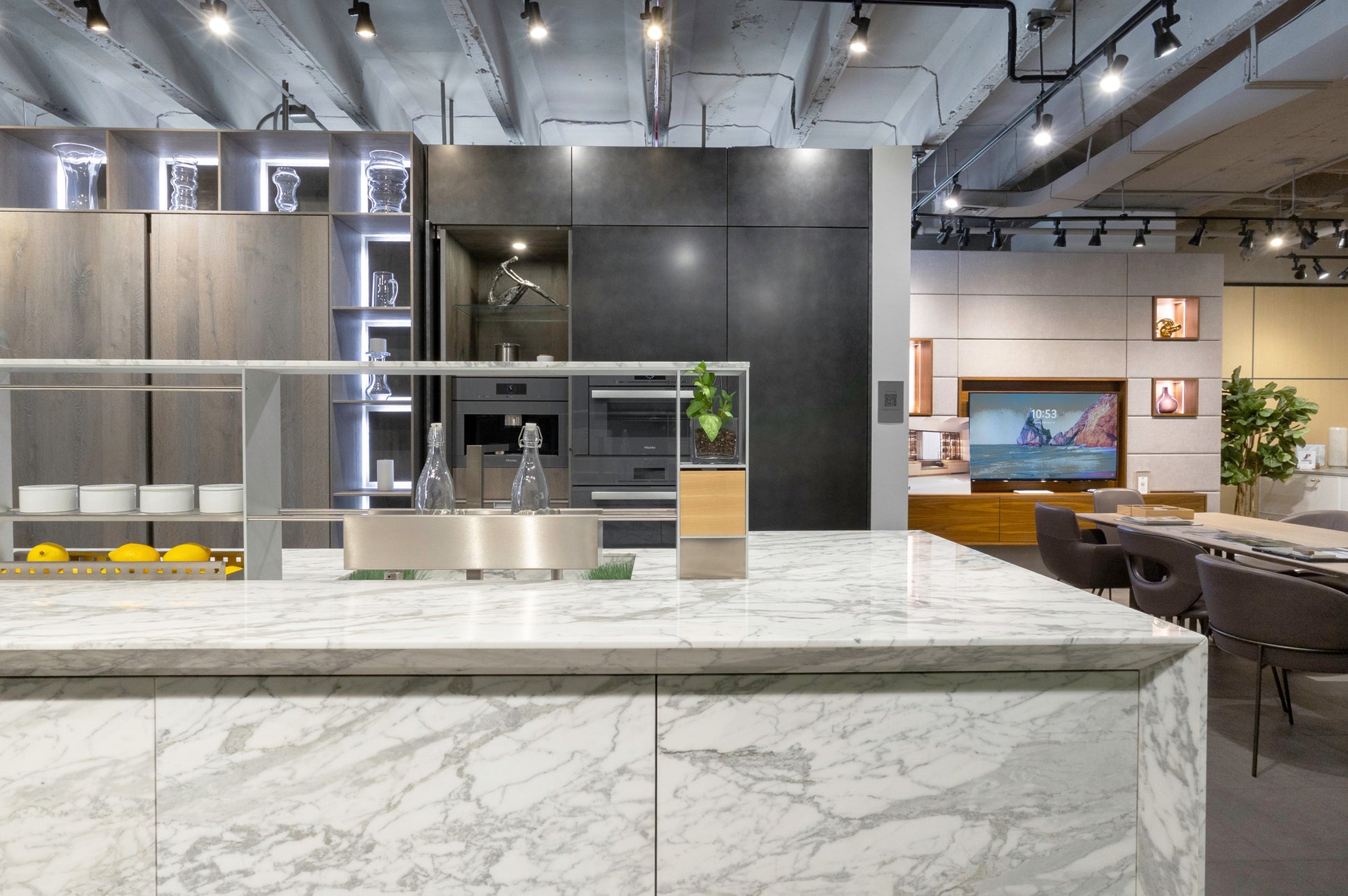 eggersmann Chablis Vintage Oak & Steel Grey Modern Kitchen with Arabescato Waterfall Island and Miele Appliance Suite