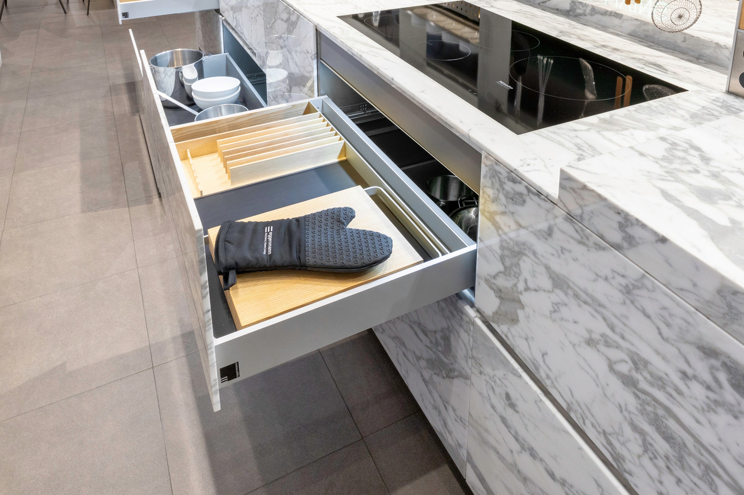 eggersmann Chablis Vintage Oak & Steel Grey Modern Kitchen with Arabescato Waterfall Island and Miele Appliance Suite