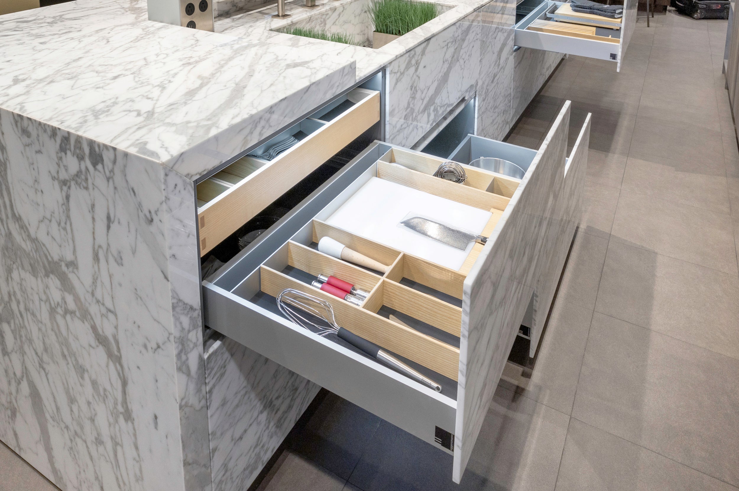 eggersmann Chablis Vintage Oak & Steel Grey Modern Kitchen with Arabescato Waterfall Island and Miele Appliance Suite