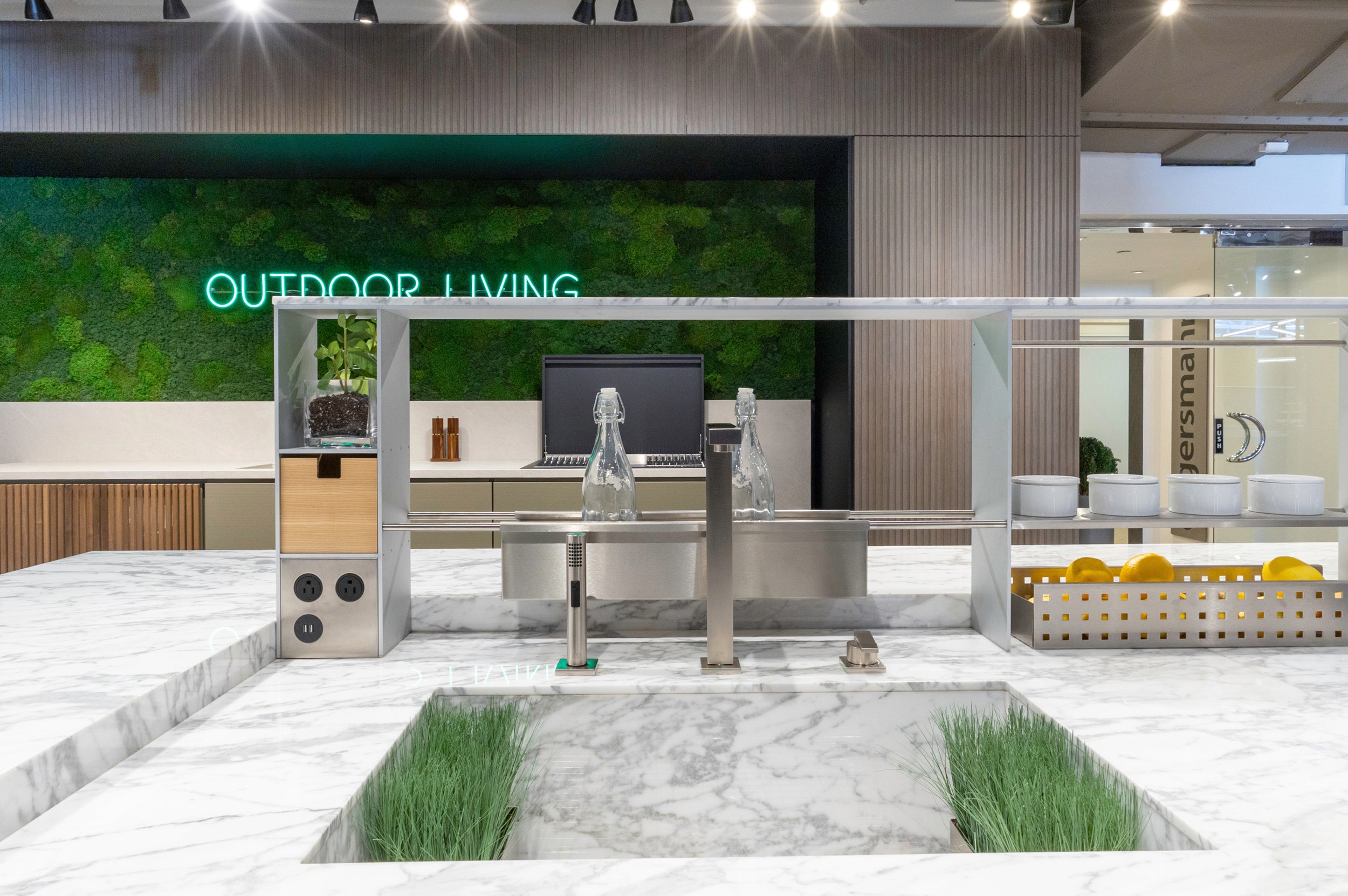 eggersmann USA Chablis Vintage Oak & Steel Grey Modern Kitchen with Arabescato Waterfall Island and Miele Appliance Suite