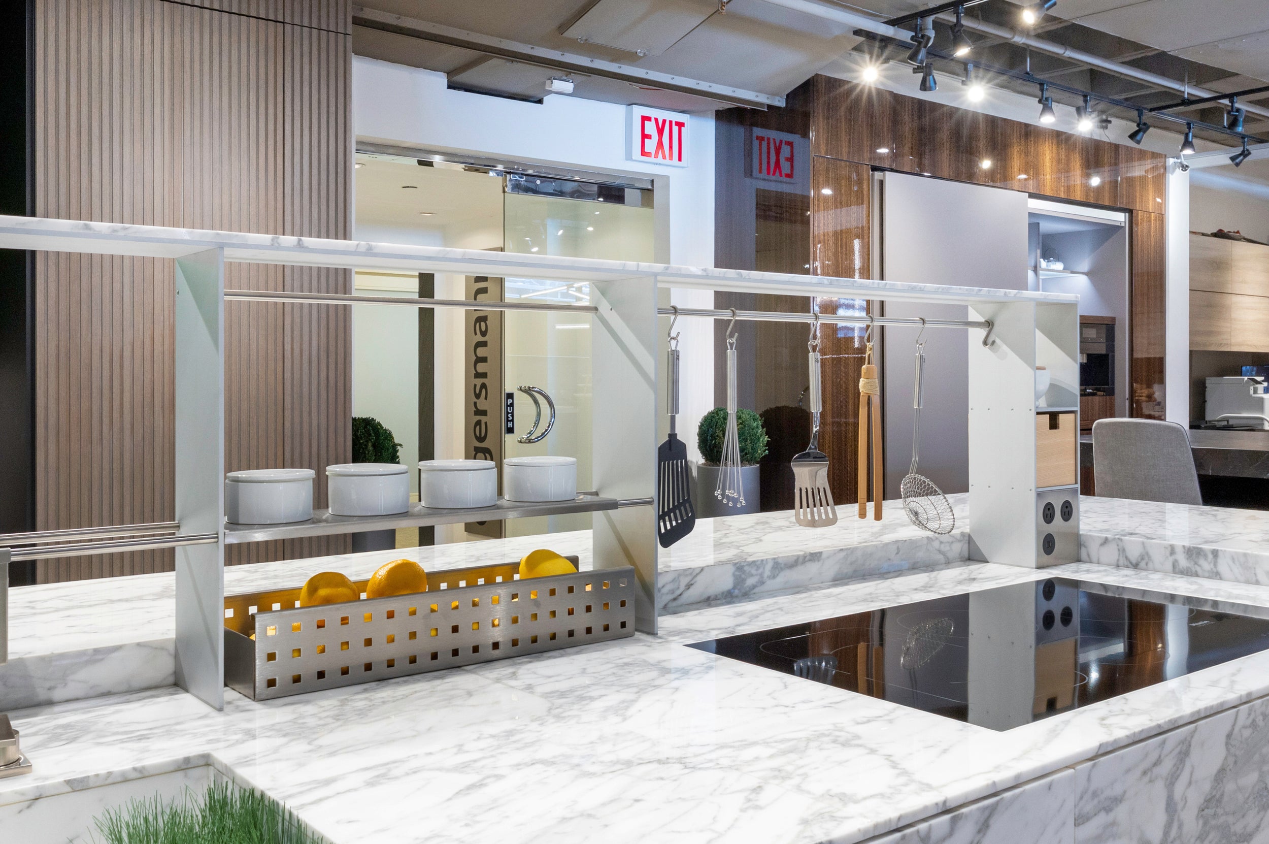 eggersmann Chablis Vintage Oak & Steel Grey Modern Kitchen with Arabescato Waterfall Island and Miele Appliance Suite