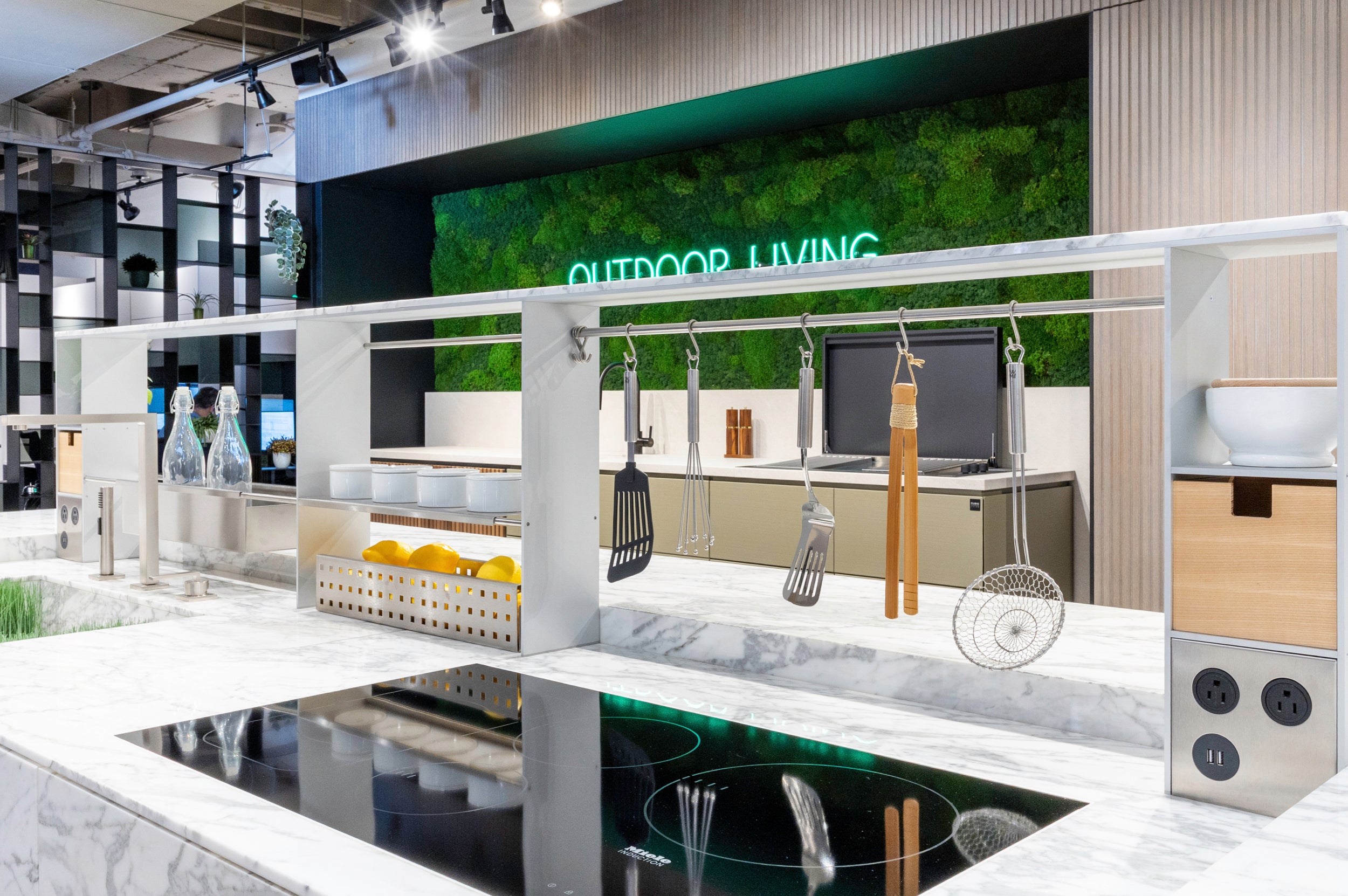 eggersmann Chablis Vintage Oak & Steel Grey Modern Kitchen with Arabescato Waterfall Island and Miele Appliance Suite