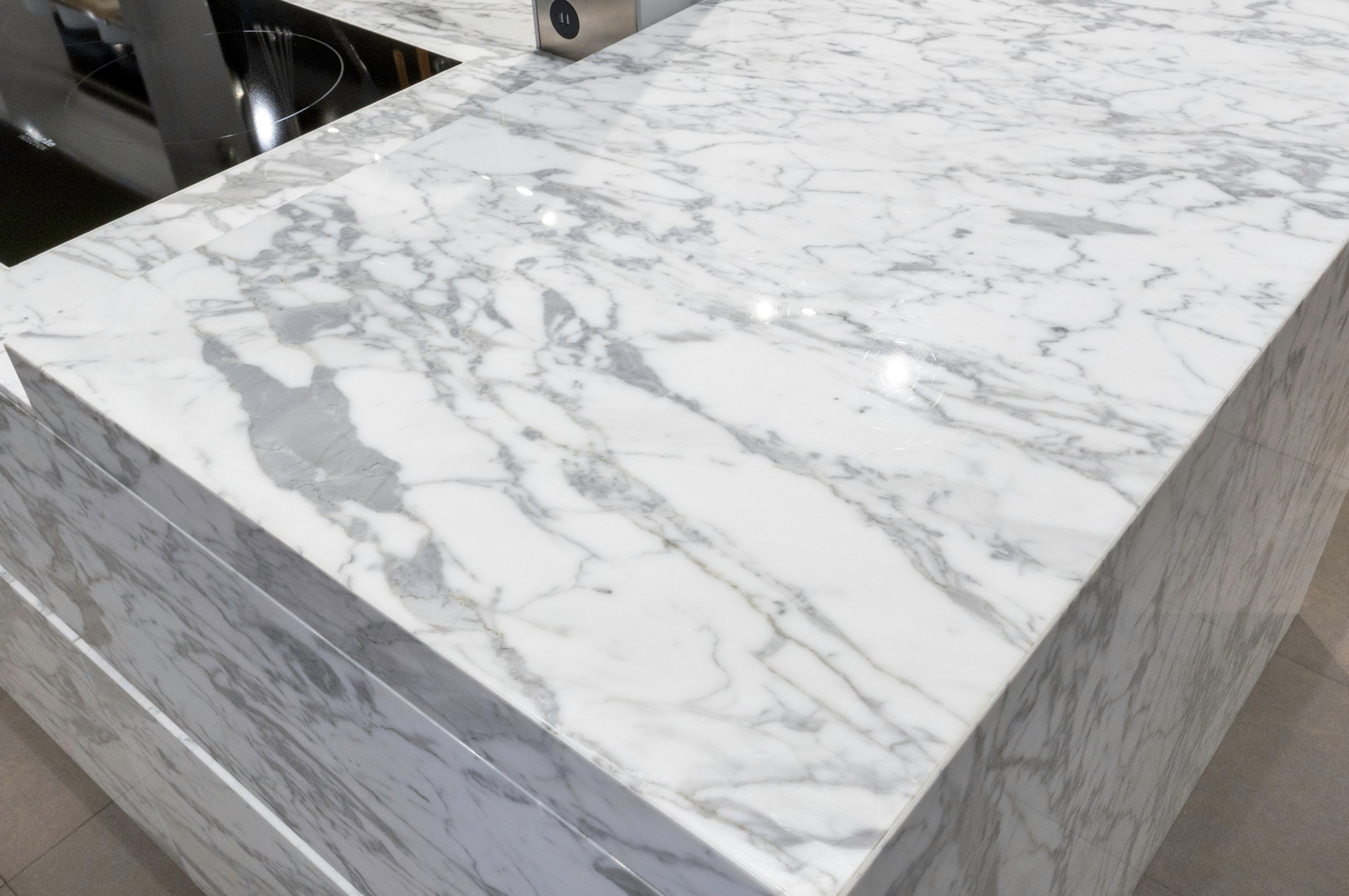 eggersmann Chablis Vintage Oak & Steel Grey Modern Kitchen with Arabescato Waterfall Island and Miele Appliance Suite