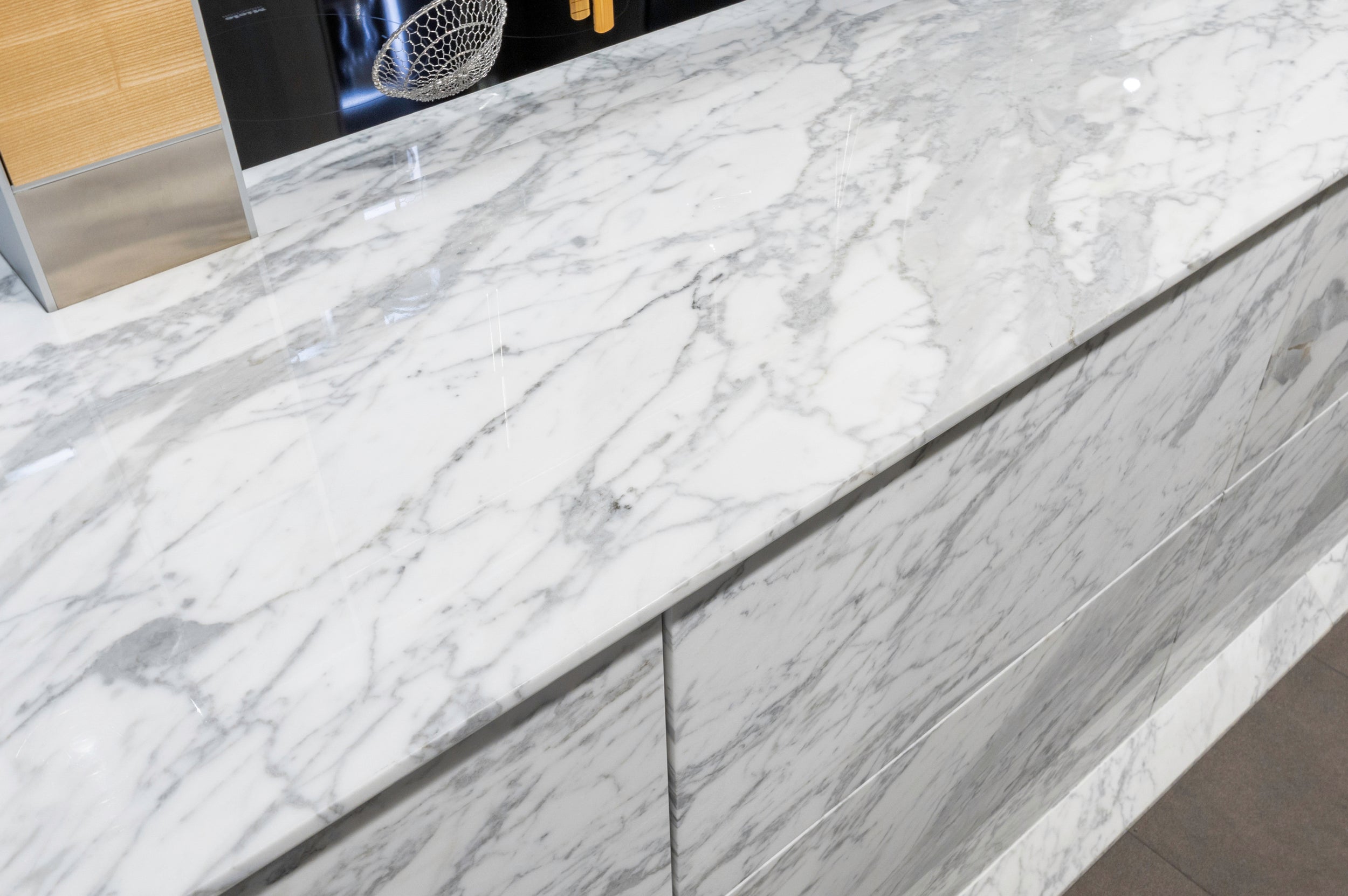 eggersmann USA Chablis Vintage Oak & Steel Grey Modern Kitchen with Arabescato Waterfall Island and Miele Appliance Suite