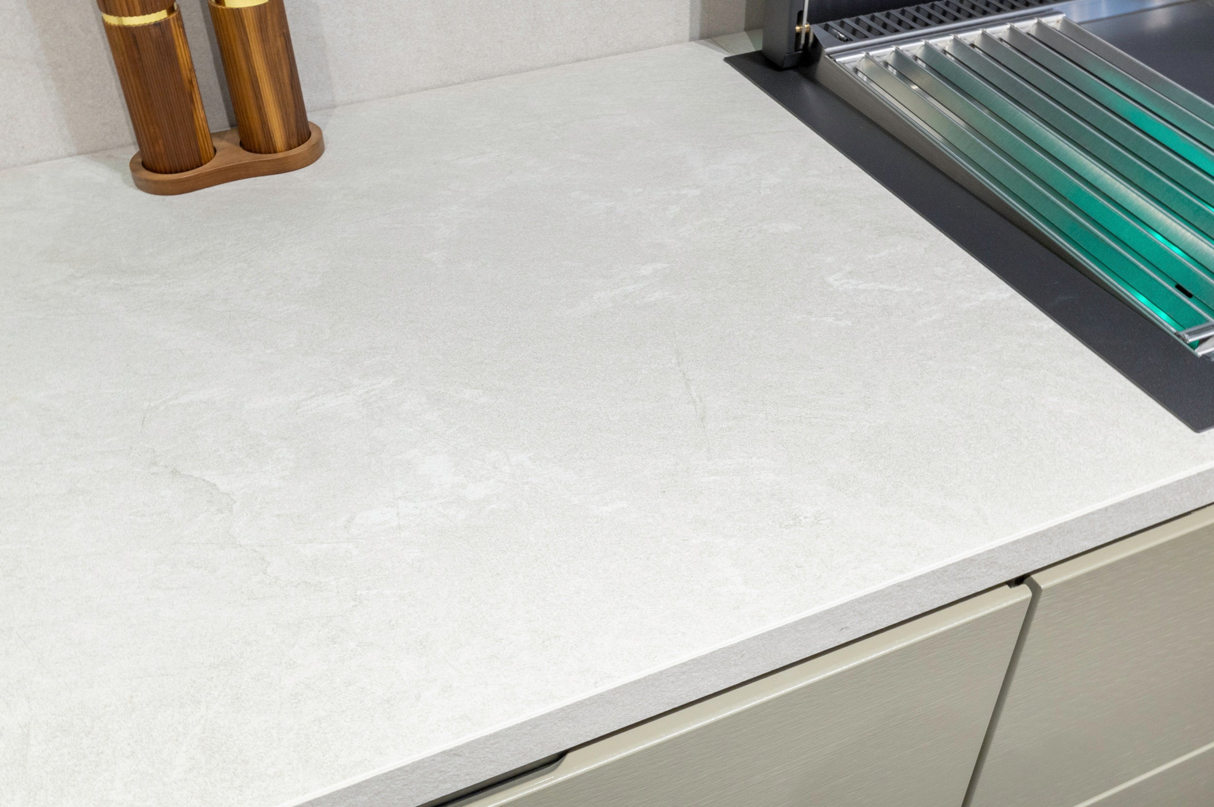 eggersmann Chablis Vintage Oak & Steel Grey Modern Kitchen with Arabescato Waterfall Island and Miele Appliance Suite