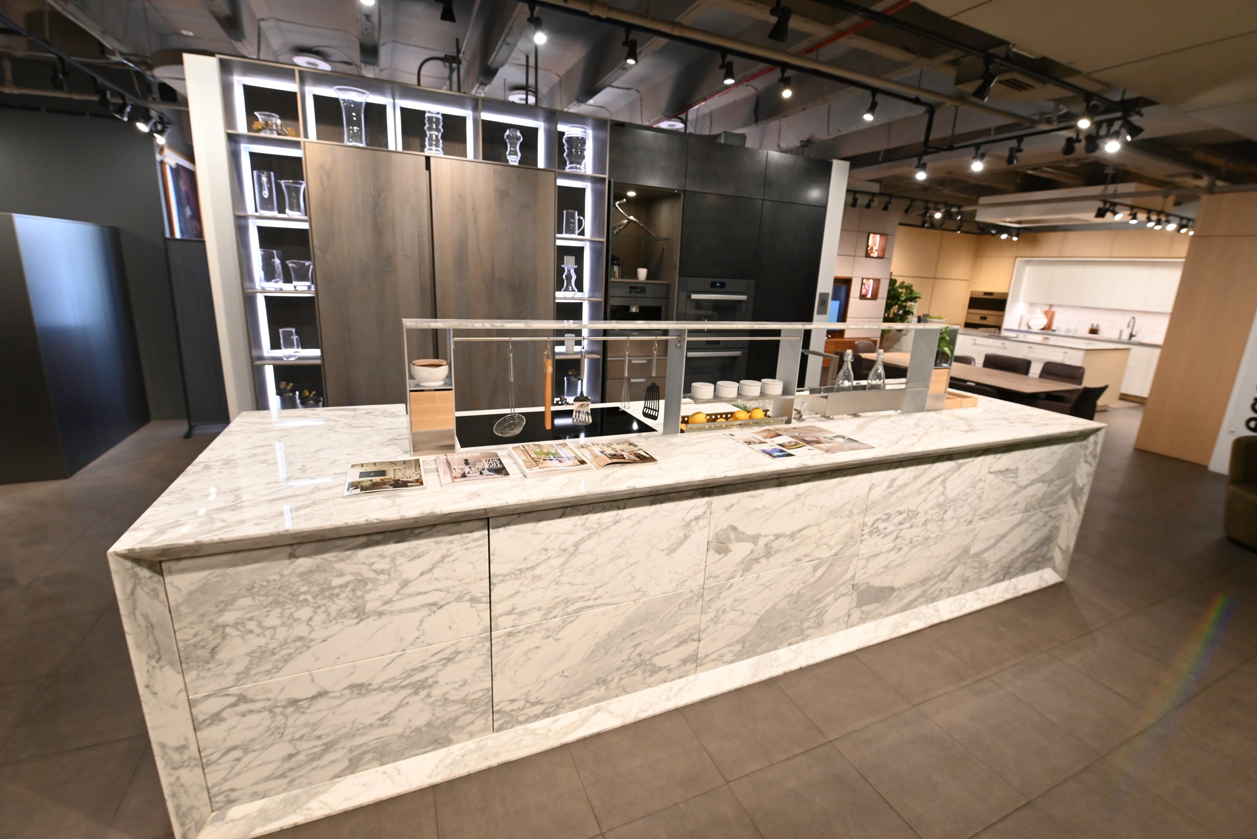 eggersmann Chablis Vintage Oak & Steel Grey Modern Kitchen with Arabescato Waterfall Island and Miele Appliance Suite