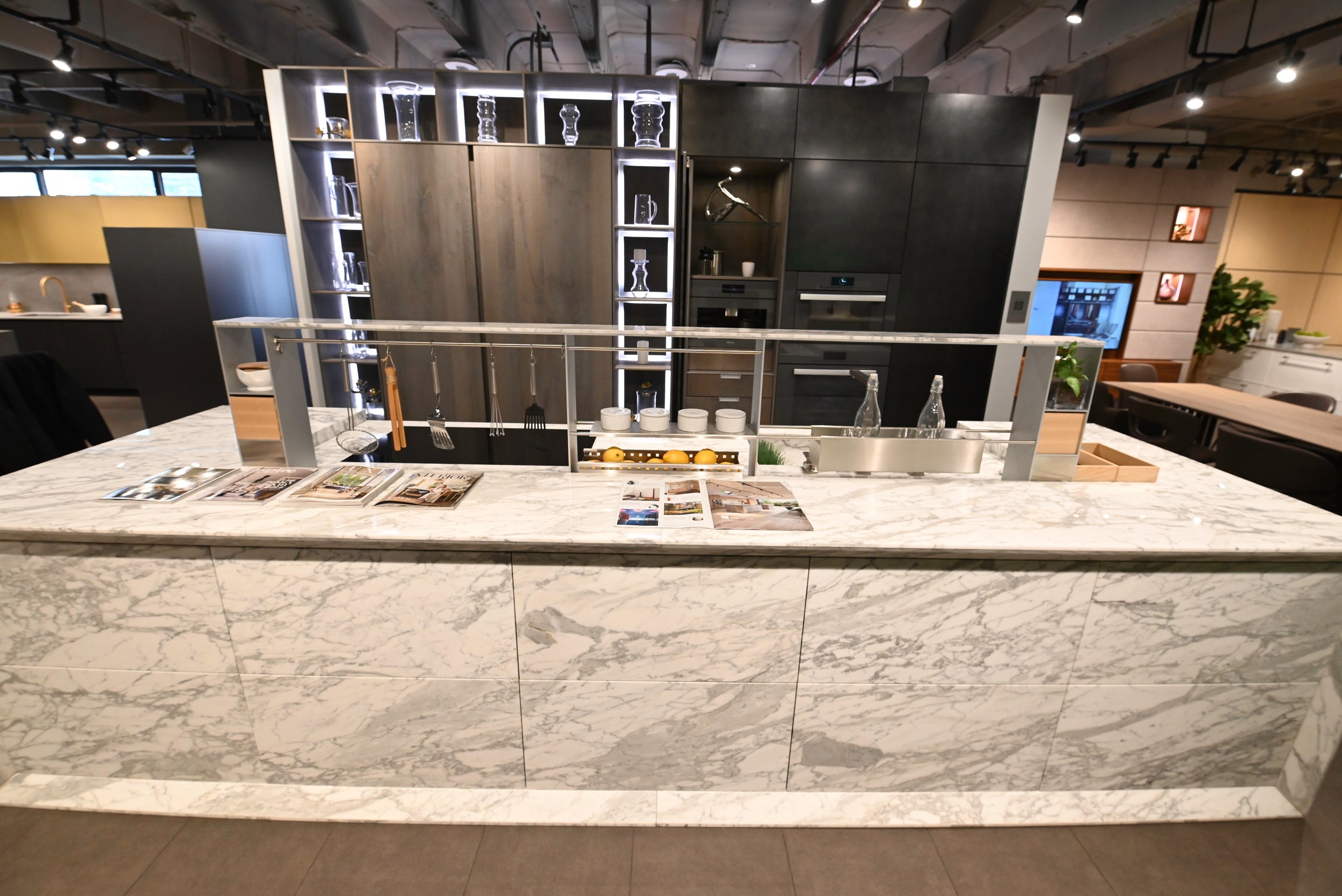 eggersmann USA Chablis Vintage Oak & Steel Grey Modern Kitchen with Arabescato Waterfall Island and Miele Appliance Suite