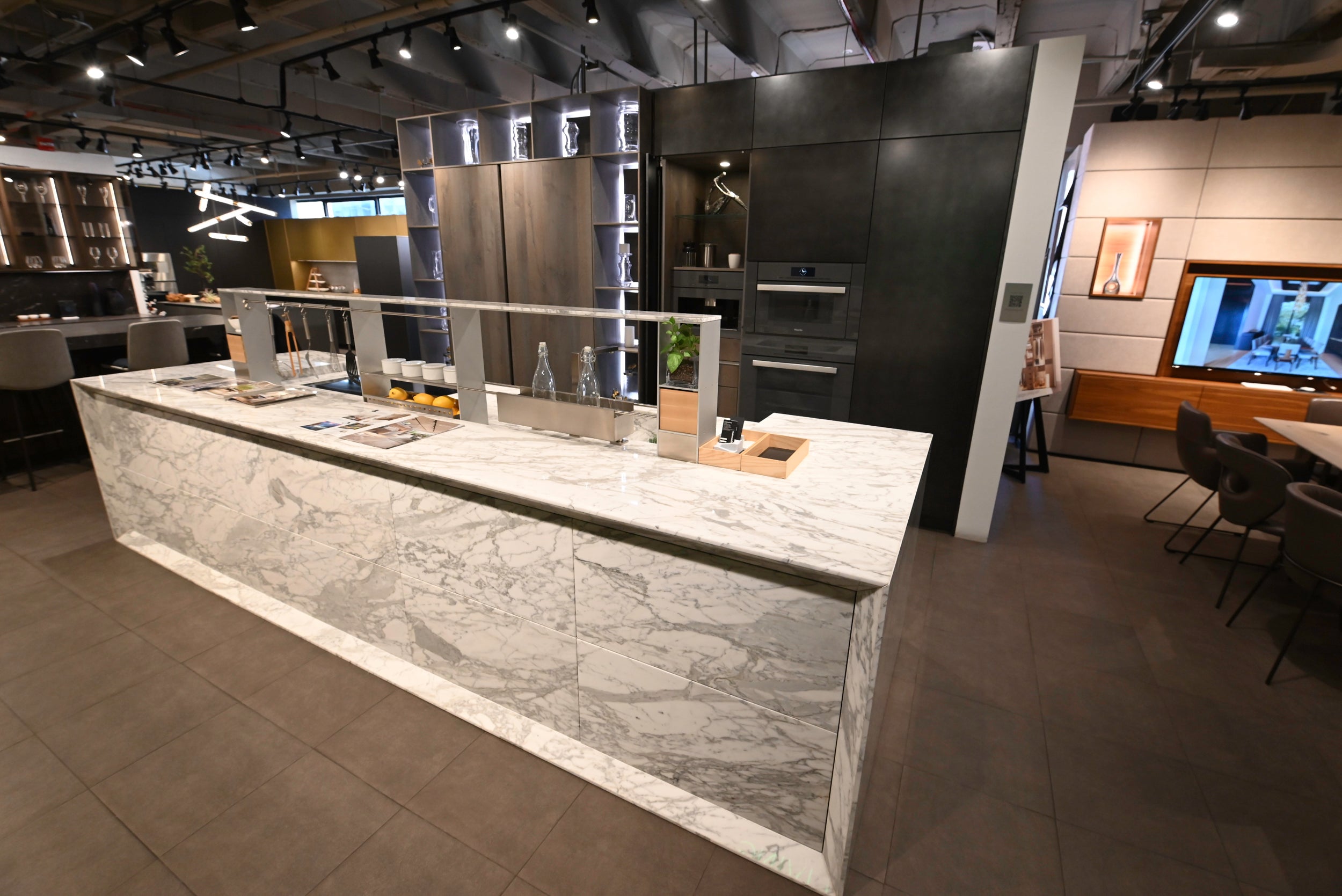 eggersmann USA Chablis Vintage Oak & Steel Grey Modern Kitchen with Arabescato Waterfall Island and Miele Appliance Suite