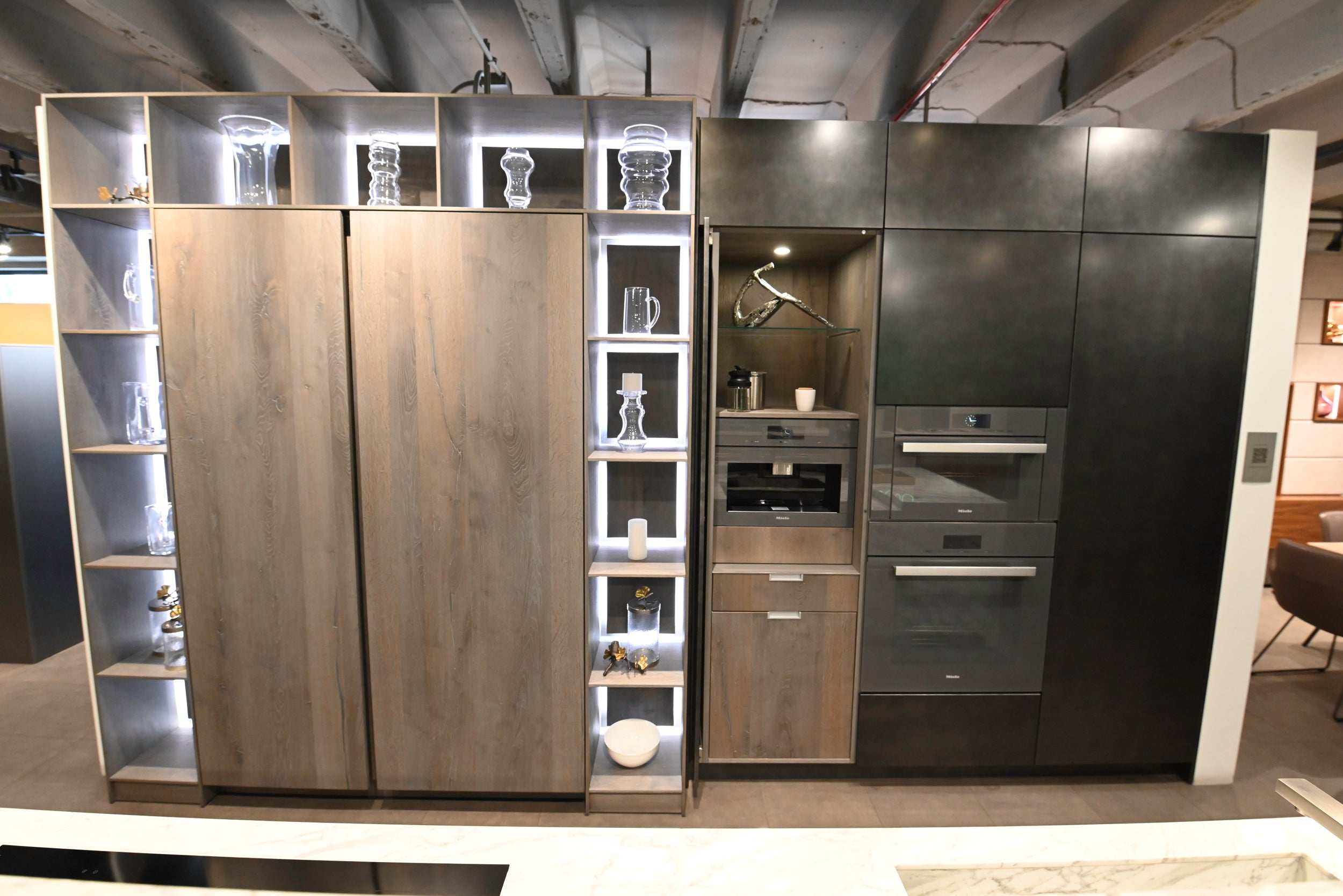 eggersmann Chablis Vintage Oak & Steel Grey Modern Kitchen with Arabescato Waterfall Island and Miele Appliance Suite