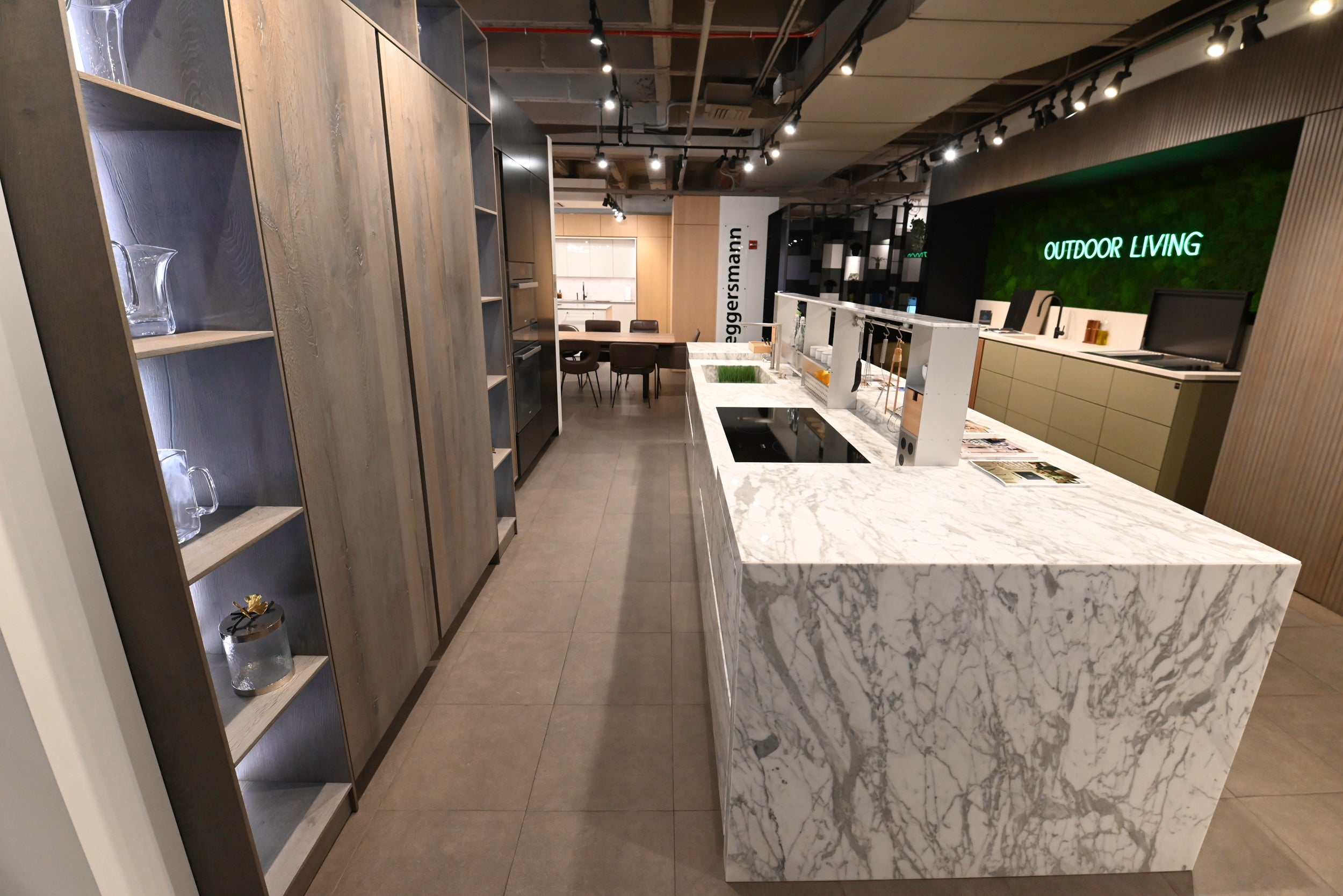 eggersmann Chablis Vintage Oak & Steel Grey Modern Kitchen with Arabescato Waterfall Island and Miele Appliance Suite