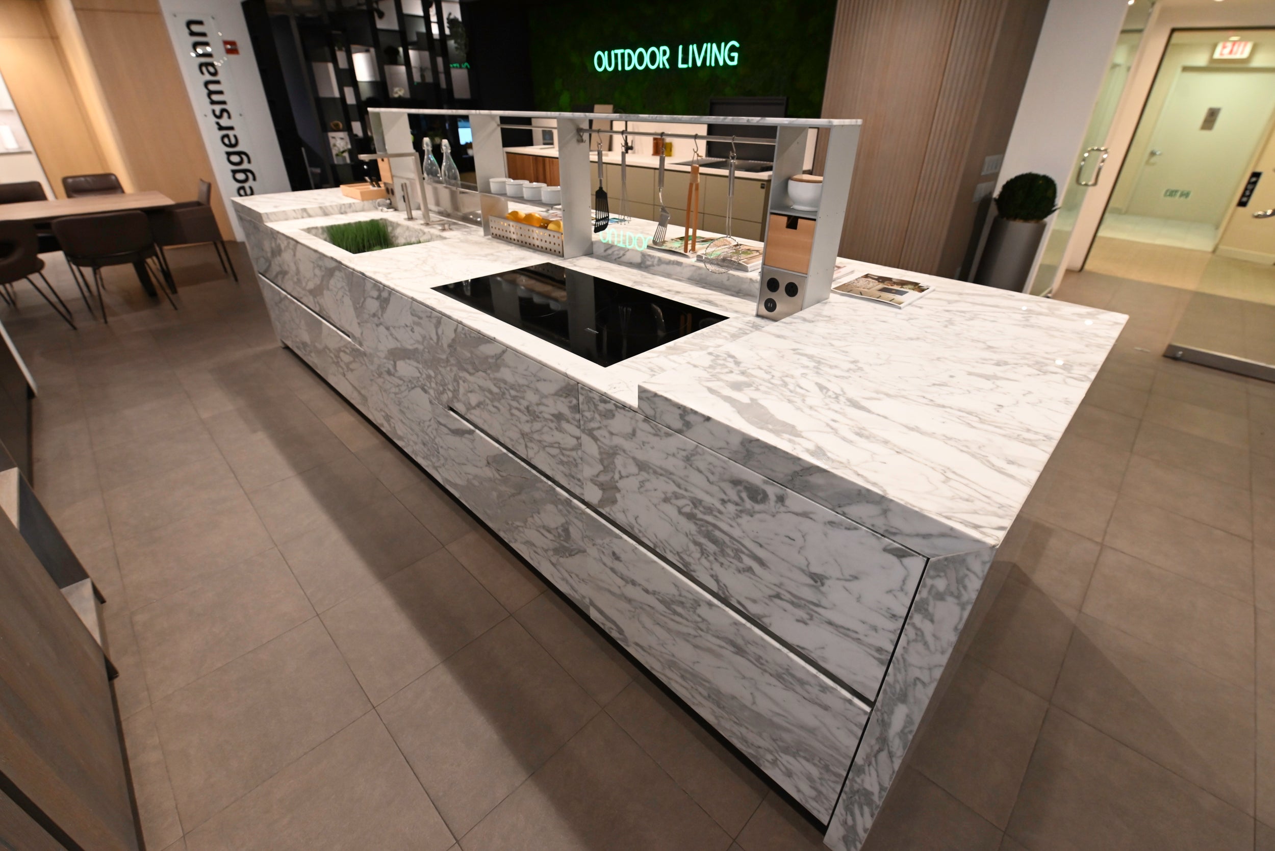 eggersmann Chablis Vintage Oak & Steel Grey Modern Kitchen with Arabescato Waterfall Island and Miele Appliance Suite