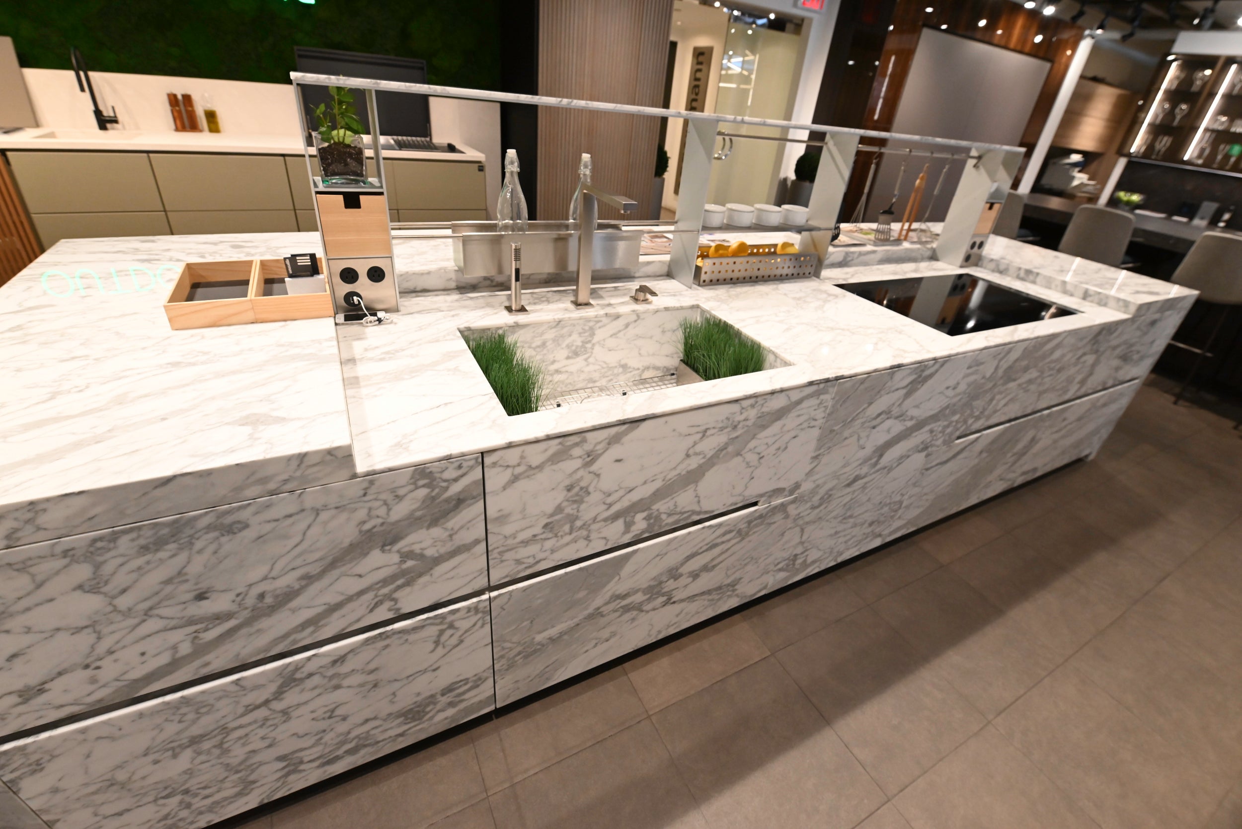 eggersmann Chablis Vintage Oak & Steel Grey Modern Kitchen with Arabescato Waterfall Island and Miele Appliance Suite