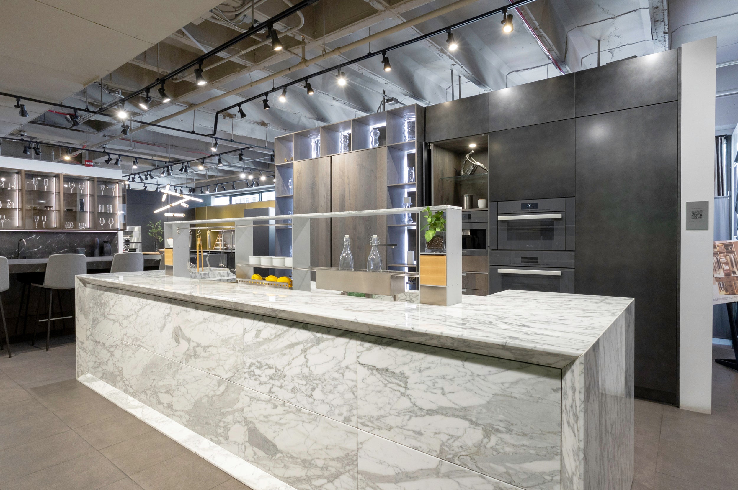 eggersmann USA Chablis Vintage Oak & Steel Grey Modern Kitchen with Arabescato Waterfall Island and Miele Appliance Suite