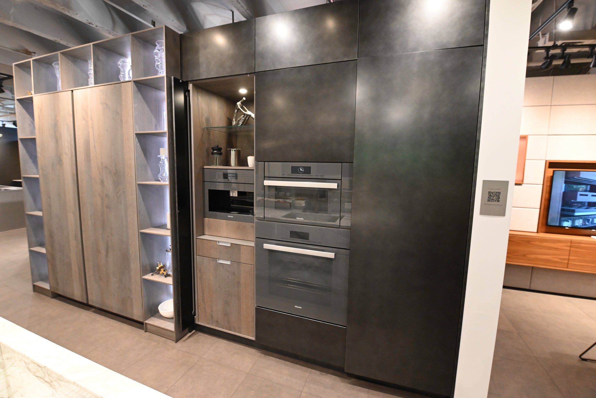 eggersmann USA Chablis Vintage Oak & Steel Grey Modern Kitchen with Arabescato Waterfall Island and Miele Appliance Suite